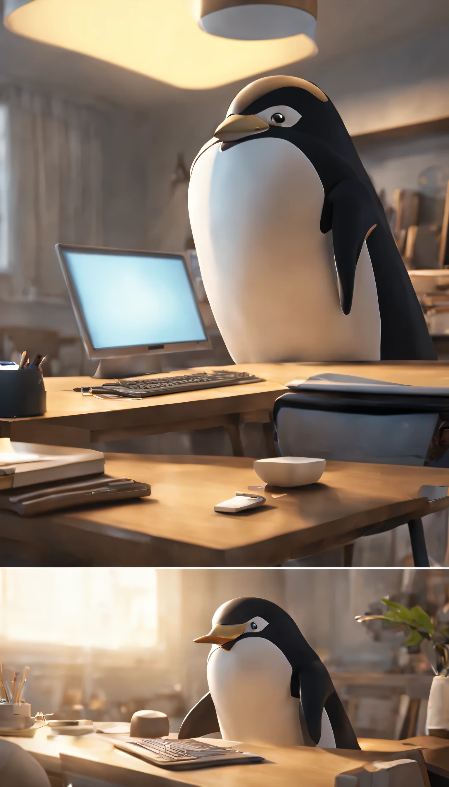 (Highly detailed CG Unity 8k wallpaper、masterpiece、highest quality、Super detailed)、(best lighting、best shadow、very delicate and beautiful)、highest quality、8k、Detailed facial depiction、masterpiece、highest quality、clear image quality、
A cartoon penguin is using a computer at a desk。