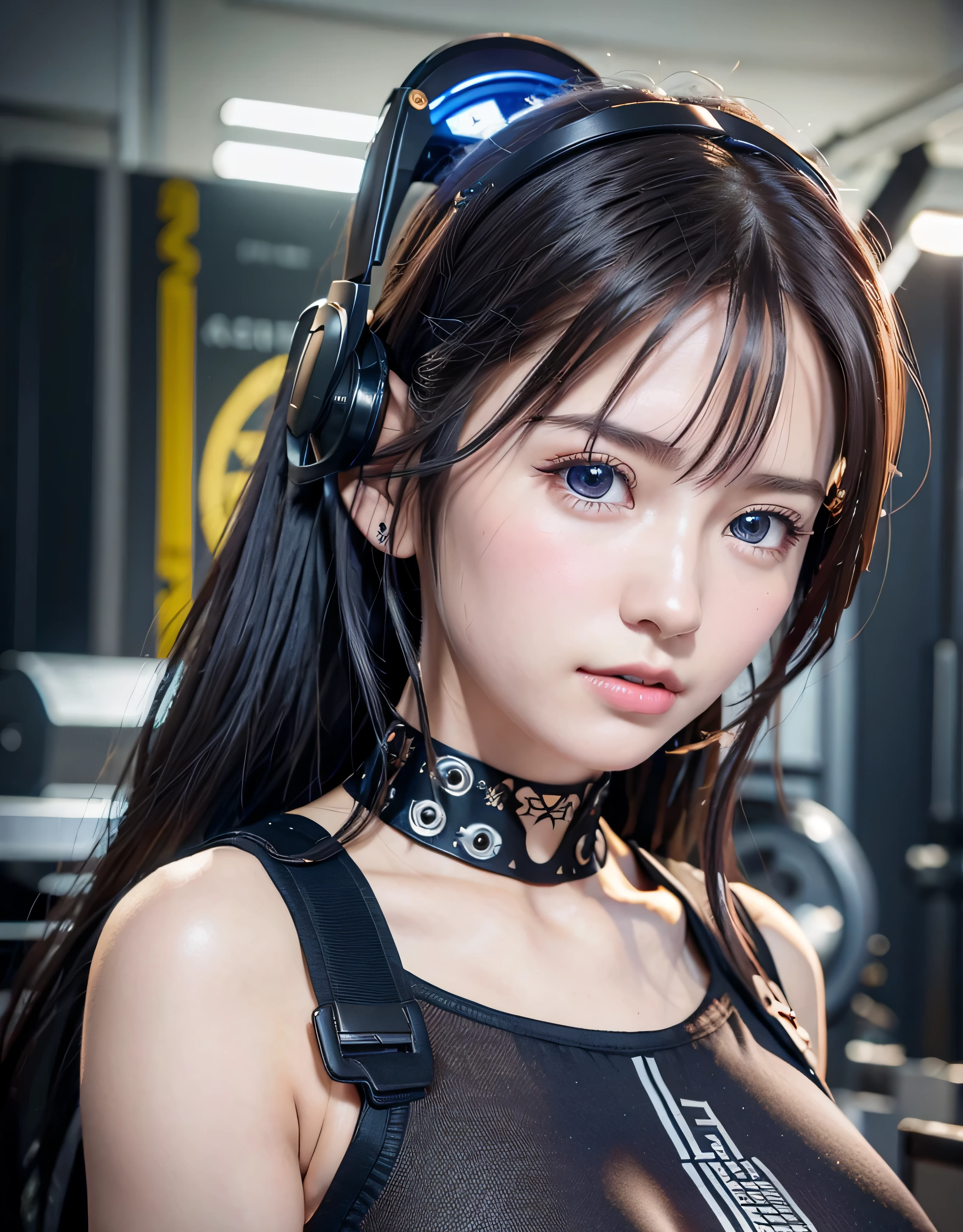 Highest quality、masterpiece、Ultra-high resolution、(Photorealistic:1.4)、RAW Photos、One Girl、14 years old, Glowing Skin、Put the headset on your head、((Ultra-Realistic Details))、Portrait、Global Illumination、Shadow、Octane Rendering、8k、Super sharp、((Delicate body type))、Hair ornament of the future、((Wear a thin, transparent white latex shirt on bare skin:1.4))、(hard nipples erect:1.4), (nipples pointing up:1.4), Slender figure, Cleavage、((Medium sized boobs:1.4))、(Sunburned skin:1.4)、Very intricate details、Realistic Light、Metallic Shine、CGSoation Trend、(Purple eyes:1.4)、(Shining Eyes)、To the camera、Neon Details、Sit on、Cyberpunk Background、Small LED Lamp、(Pink and green lighting from behind)、