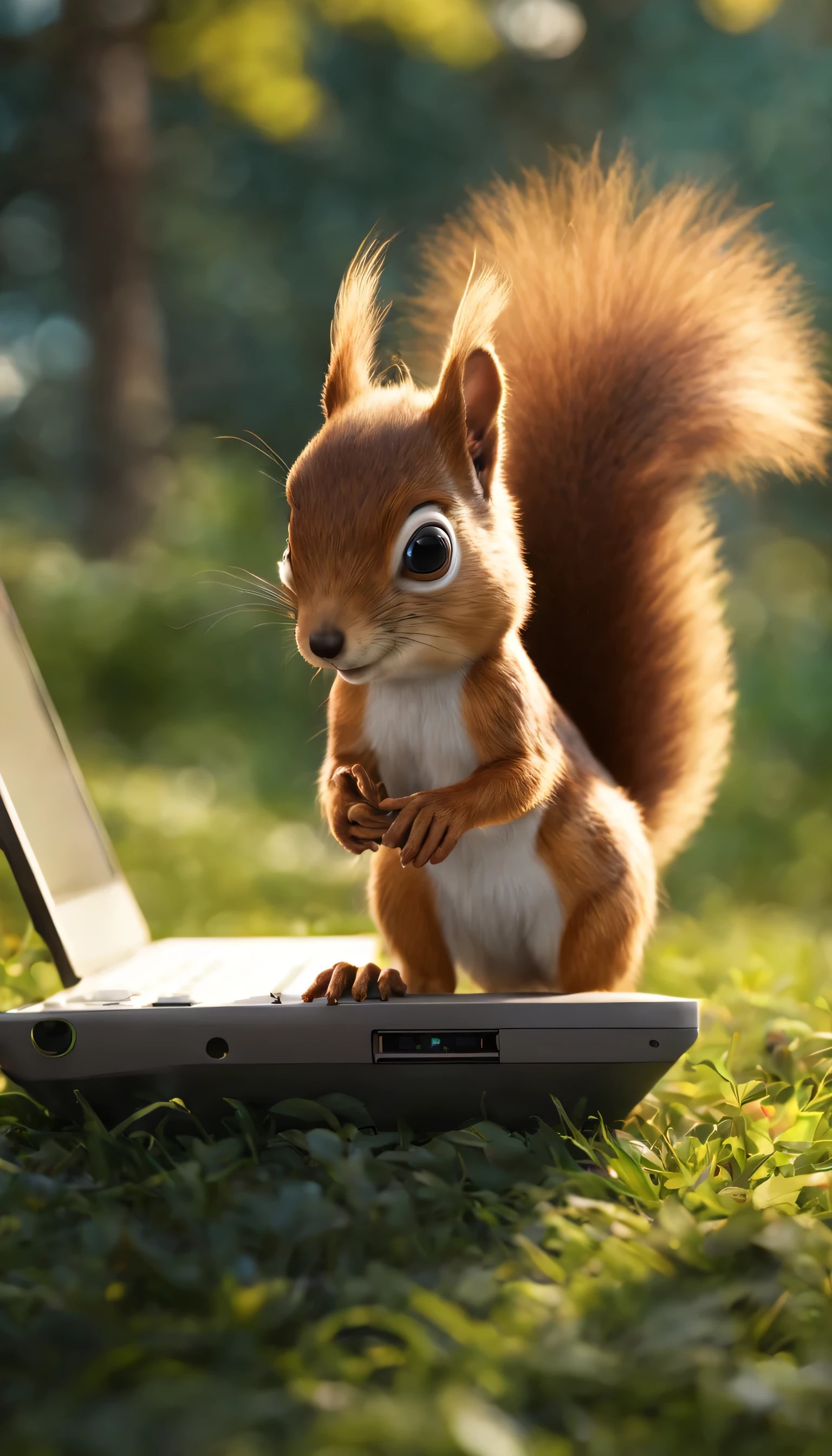 (Highly detailed CG Unity 8k wallpaper、masterpiece、highest quality、Super detailed)、(best lighting、best shadow、very delicate and beautiful)、highest quality、8k、Detailed facial depiction、masterpiece、highest quality、clear image quality、
Cartoon style squirrel is working with open laptop.。