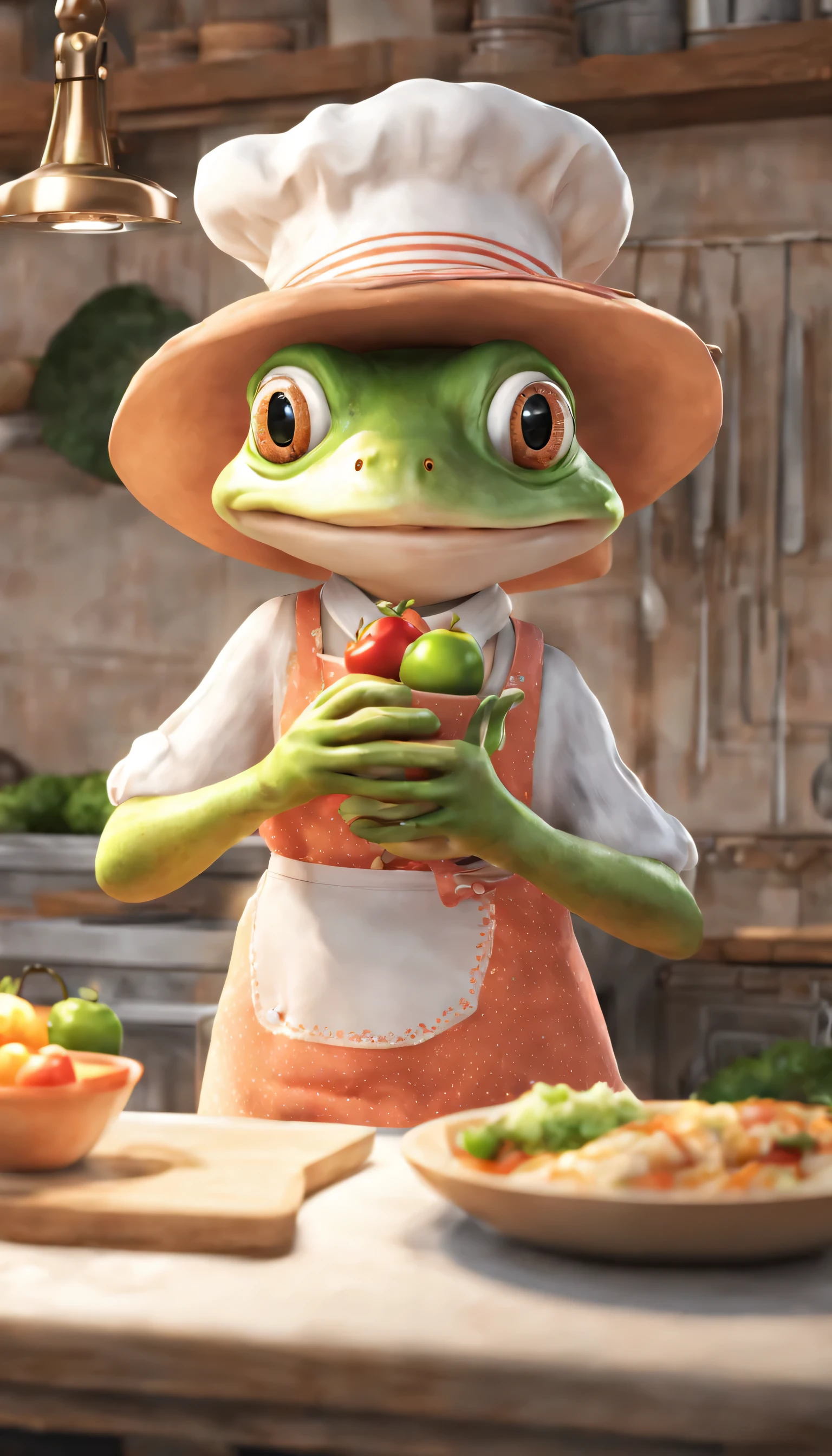 (Highly detailed CG Unity 8k wallpaper、masterpiece、highest quality、Super detailed)、(best lighting、best shadow、very delicate and beautiful)、highest quality、8k、Detailed facial depiction、masterpiece、highest quality、clear image quality、
Anime-style frog wearing an apron and cooking。