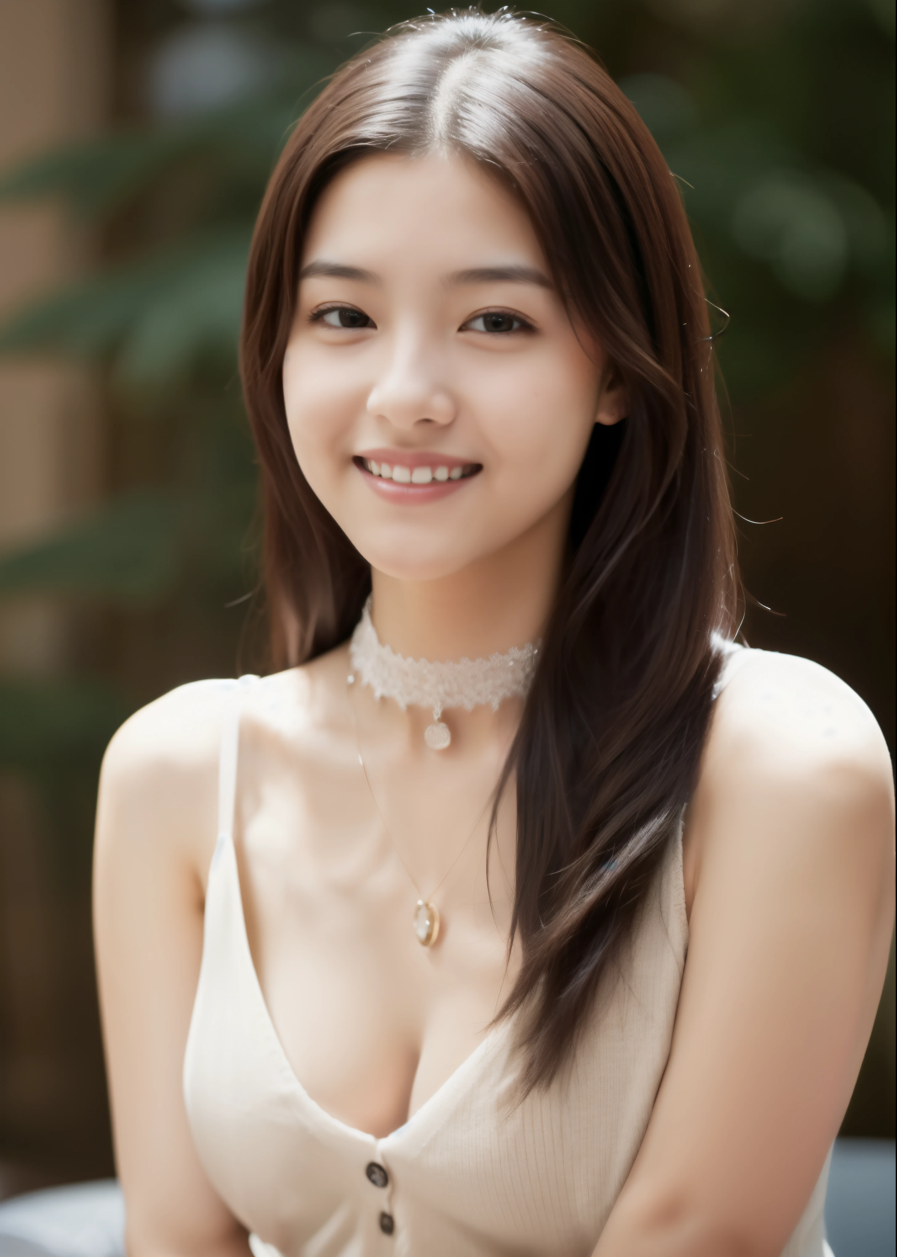 Beautiful 18 year old woman。she is wearing a satin camisole、I'm wearing a choker around my neck。 。She looks ecstatic as if she had an orgasm during sex..。her dark brown hair is braided. High resolution、masterpiece、highest quality、頭w:1.0、((Hasselblad Photos))、fine skin、fine knit、(movie lighting)、clavicle .