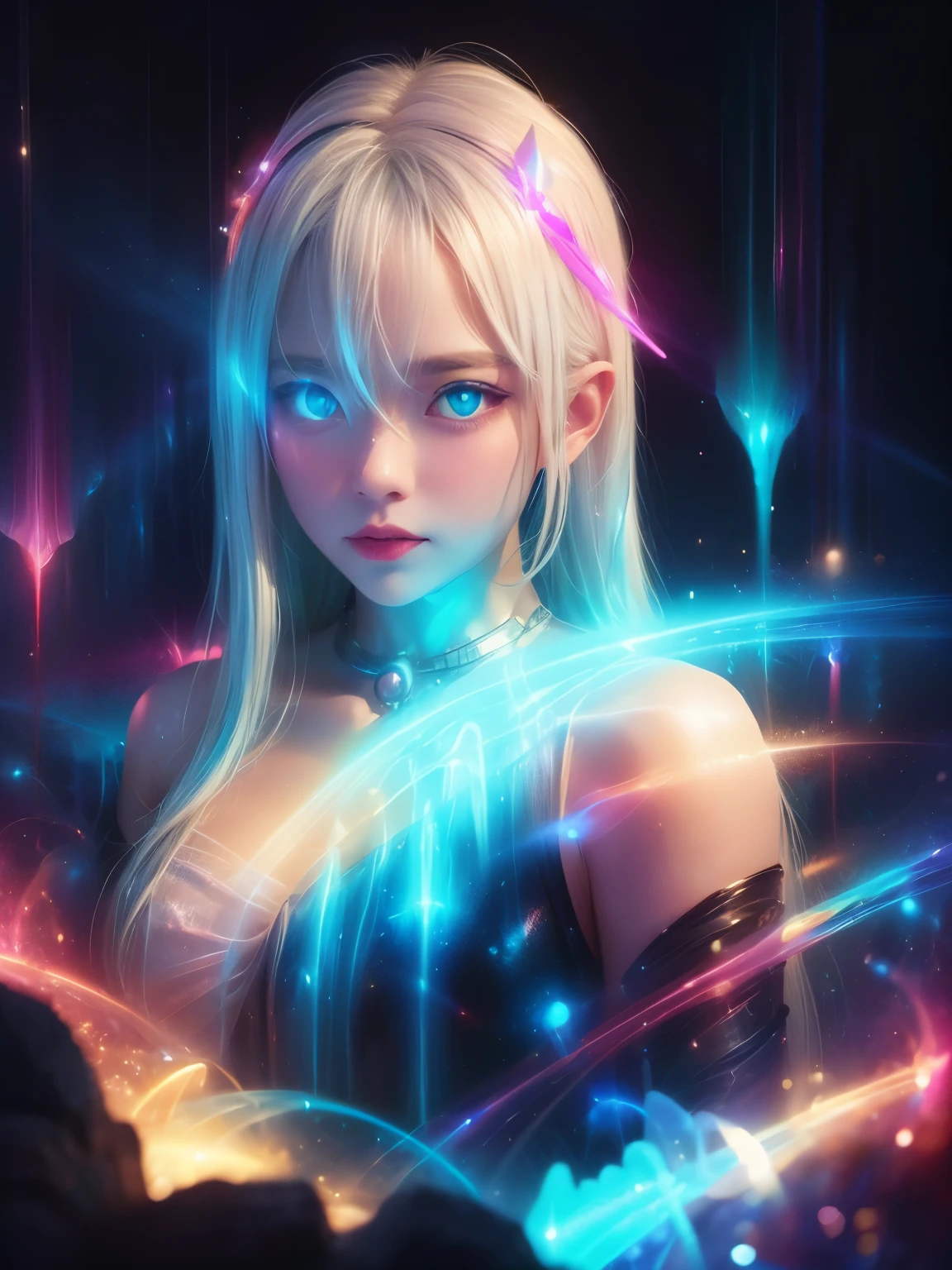 ((upper body)), best quality, masterpiece, a Japanese woman with ((Luminescence white hair)), ((detailed pearl blue eye)), high detailed goddess soul, focus on character, solo, (style swirl magic), solo, from front, front view, looking at viewer, detailed face, ((Luminescence Lighting Magic Circle theme)), perched on a ledge, tight neon body, light streaks, dark abyssal wanderer abstract, ((Simple Luminescence Neon Gown)), inscribed with mystical runes, outdoor dystopian background,