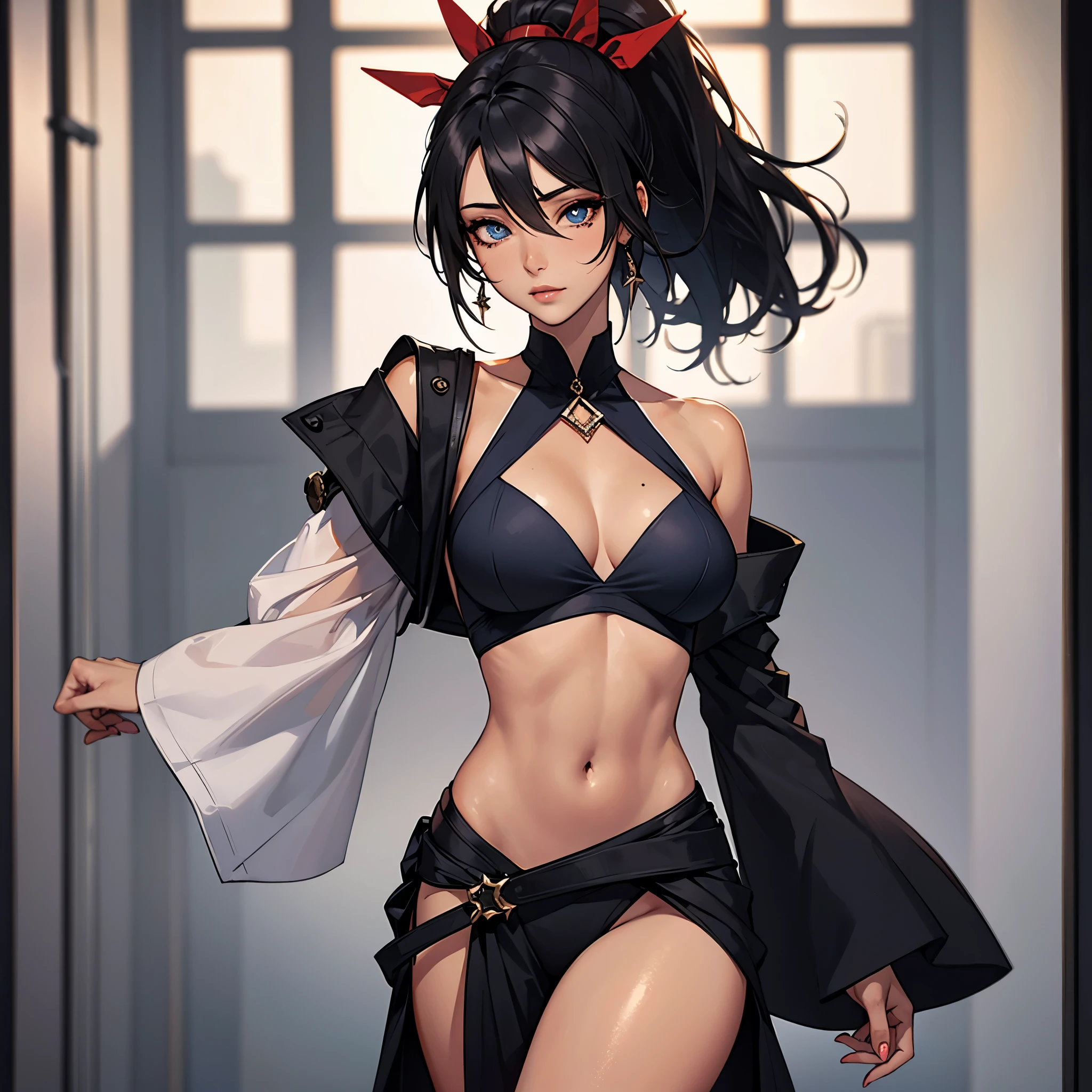 masterpaintings， beste-Quality， 1girl huge large breasts， solo， Complicated details， color difference）， （realisic），（The skin）， 1 girl Shizuku high ponytail， （（Medium breathing）），（black har，hair between eyes），Detailed hair，Red headdress，Blue highlight， Hair is more than one eye，blue eyes， Small earrings， sharp sharp eyes， necklac，（（((tan skin))）），（Symmetrical eyes），（Perfectly symmetrical body），（（natural lights）））， The light from the back window is backlighted，To gray walls， dimly lit by，are standing，（looking at the spectator），（（Center the lens，from frontal，（Face and waist）Visible chest linerealistic, high resolucion, 1 girl, Black wavy hair, small mole under eyes, leathe clothes, , Distinct chest line, Long legs, Tightens abs，dynamicpose，Catwalk  belly button eyes High ponytail Big breasts White eyeballs Sexy rogue outfit