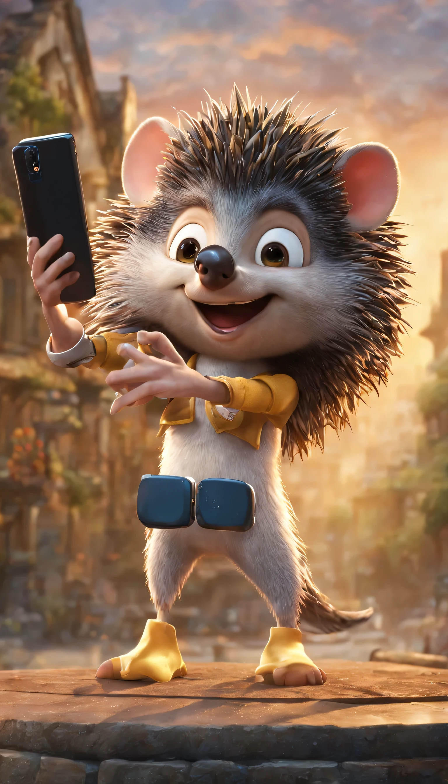 (Highly detailed CG Unity 8k wallpaper、masterpiece、highest quality、Super detailed)、(best lighting、best shadow、very delicate and beautiful)、highest quality、8k、Detailed facial depiction、masterpiece、highest quality、clear image quality、
A cartoon style hedgehog is taking a selfie using a mobile phone。