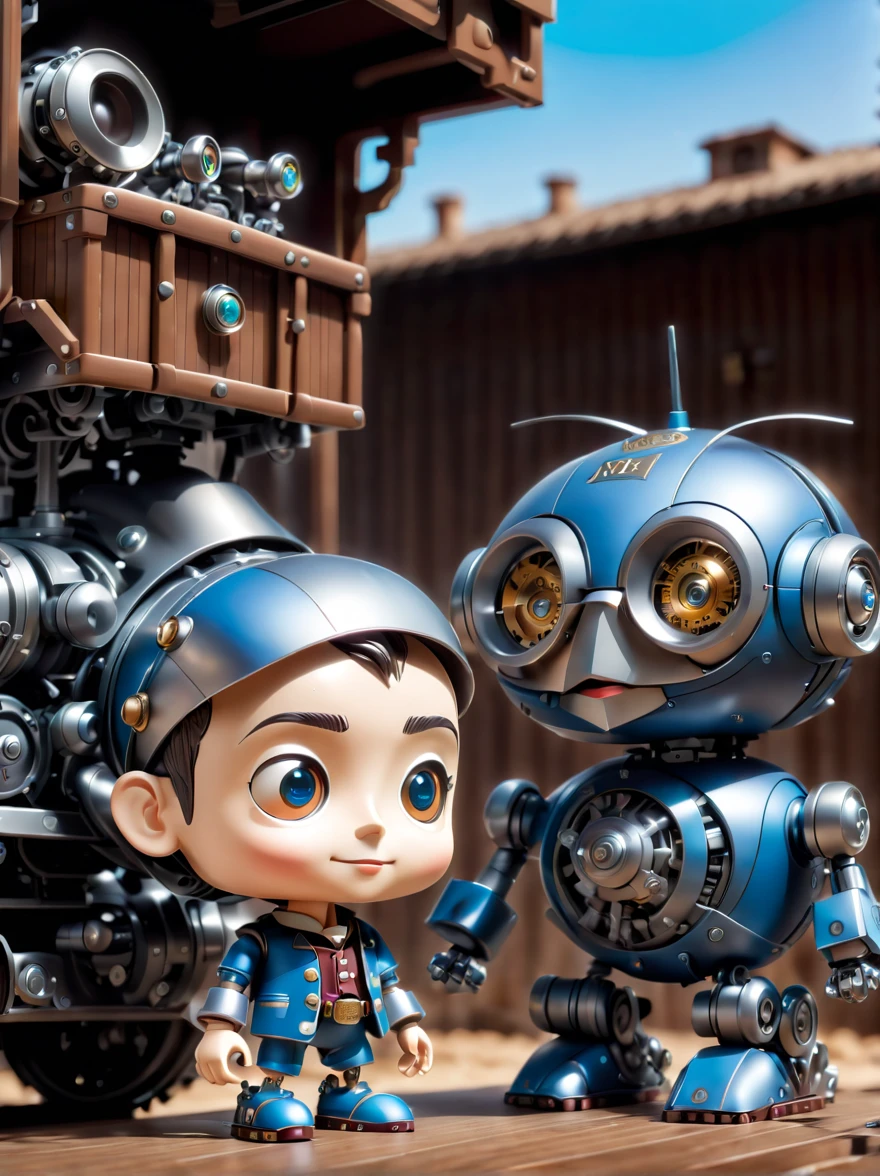 Pixar style，(Blind box toy style:1.2)，(full-body shot)，((solo)), three-dimensional，Mechanical feel，cute，boy，mechanical puppet, Pinocchio，Chibi，locomotive，3d style