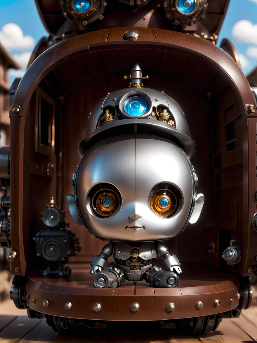 Pixar style,(Blind box toy style:1.2),(full-body shot),((solo)), three-dimensional,Mechanical feel,cute,boy,mechanical puppet, Pinocchio,Chibi,locomotive,3d style