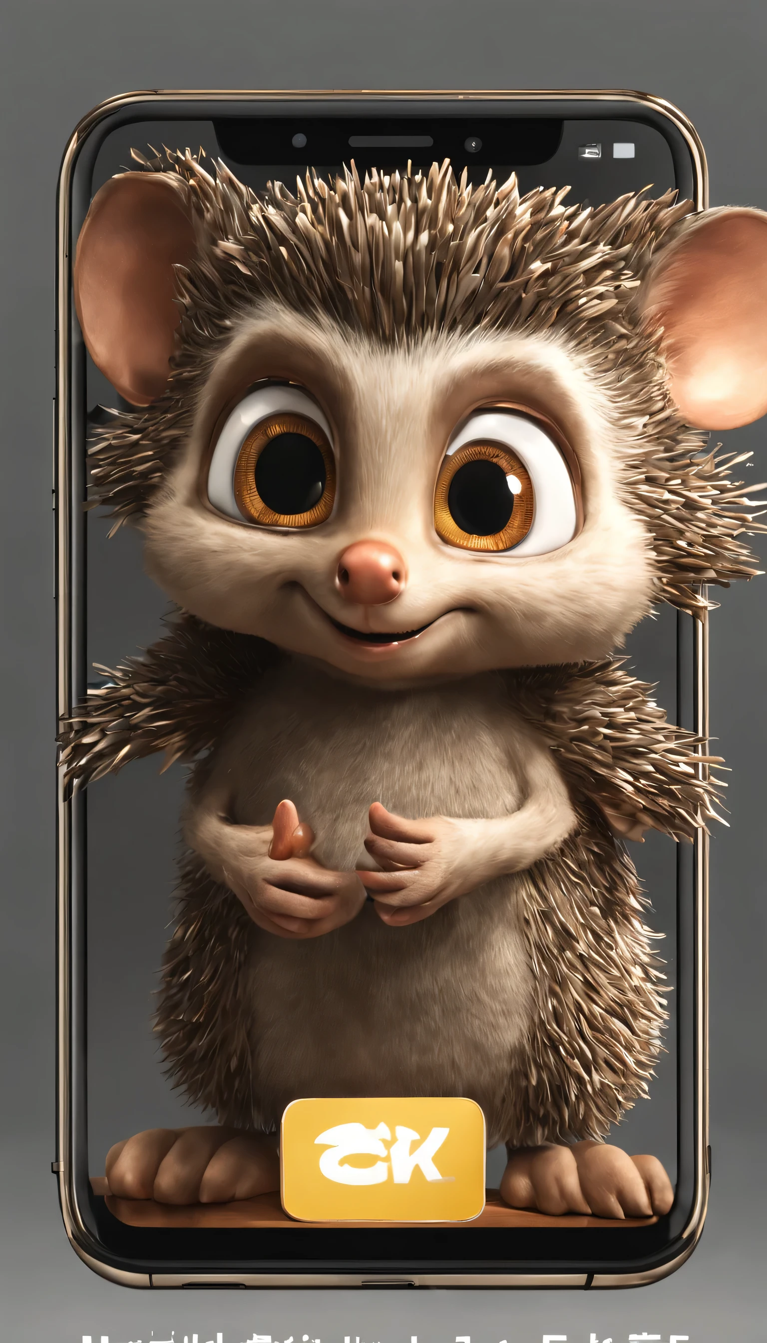 (Highly detailed CG Unity 8k wallpaper、masterpiece、highest quality、Super detailed)、(best lighting、best shadow、very delicate and beautiful)、highest quality、8k、Detailed facial depiction、masterpiece、highest quality、clear image quality、
A cartoon style hedgehog is taking a selfie using a mobile phone。