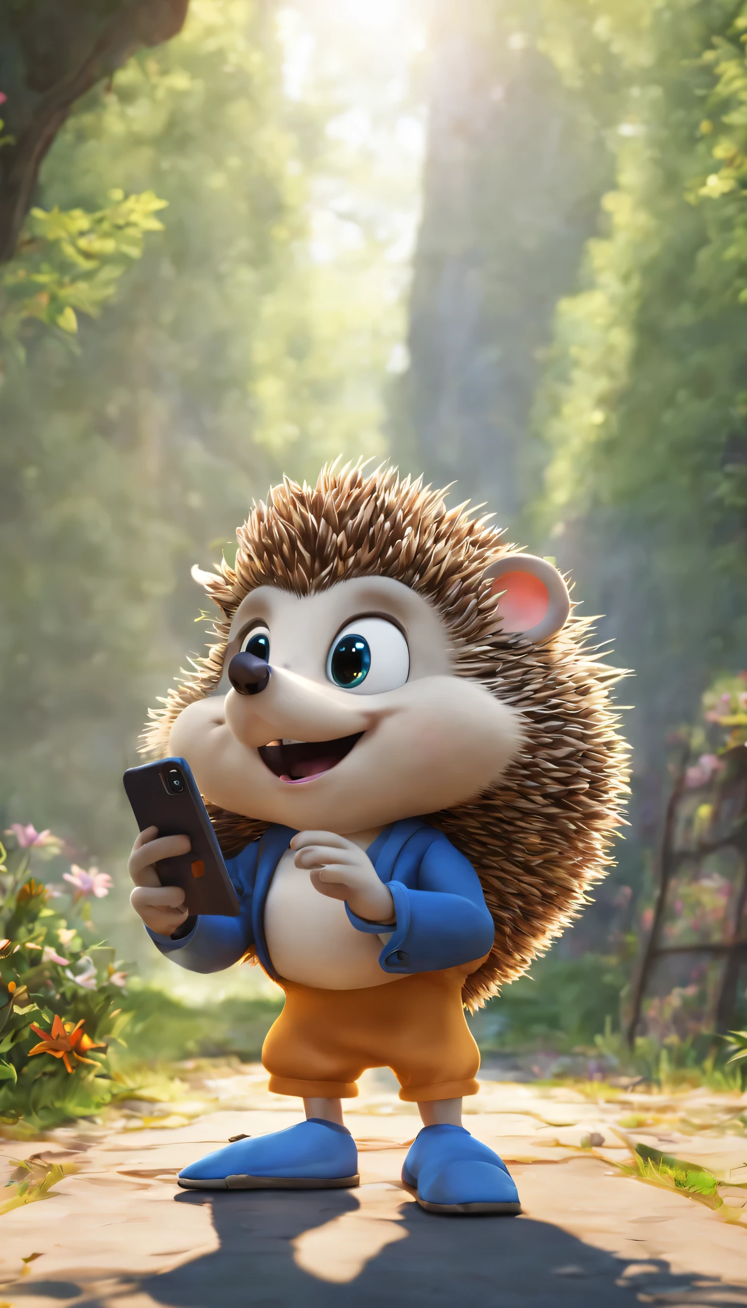 (Highly detailed CG Unity 8k wallpaper、masterpiece、highest quality、Super detailed)、(best lighting、best shadow、very delicate and beautiful)、highest quality、8k、Detailed facial depiction、masterpiece、highest quality、clear image quality、
A cartoon style hedgehog is taking a selfie using a mobile phone。
