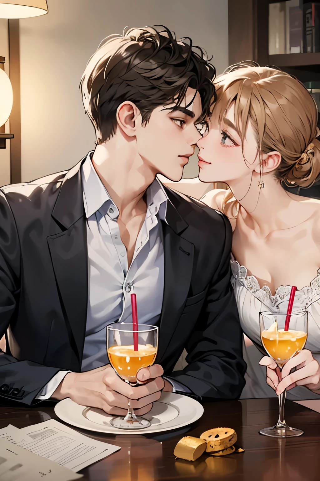 (table top, digital illustration, 4k, 8k, Super detailed, beautiful images, clear image,  perfect face, perfect lines, perfect eyes, soft lighting) 1 female, (light brown hair,chignon hair,innocent look,droopy eyebrows,droopy eyes、With a round face,round chin、innocence,cute,Big eyes,natural makeup,smile gently,E cup,23 years old:1.3),Two handsome men in suits, (human,man in suit,muscular,solid shoulder width,  boyish hairstyle,A man in his 30s with a cool expression,28 year old man with a bright smile:1.2),garden full of light、lots of flowers、Squirting、colorful flower light,(embarrassing,shy smile:1.2),resort sofa,kiss、カップルkiss、romance porn、couple of man and woman looking at each other、dinner、drink alcohol、drunk