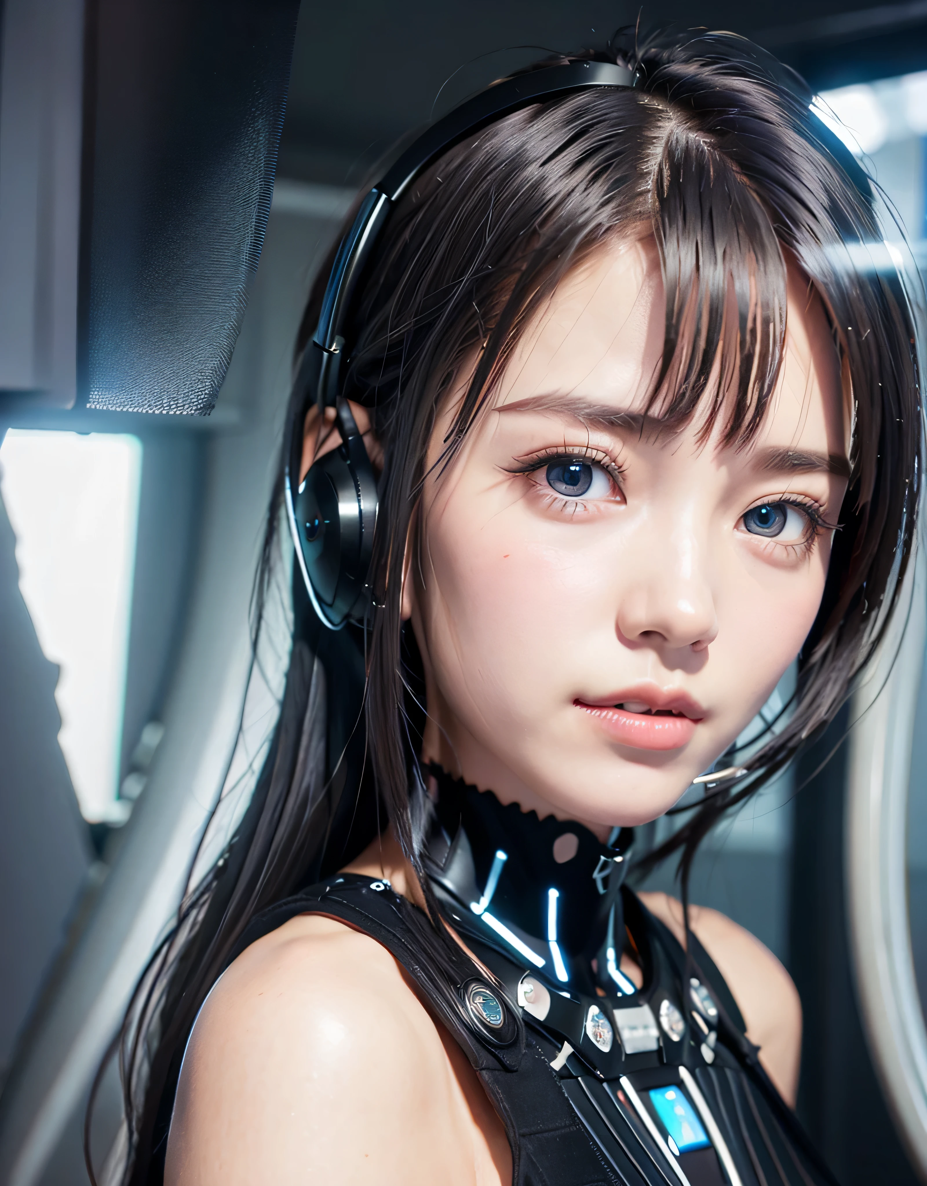 5girl,cyber punk style,Shoulders exposed,extreme light,laser,Doomsday mech,Save the world,The car of the future,Sci-fi cars,Equipment,Perfect hair,Perfect hair shine,extreme light,kosmos,the space,The sci-fi city of the future,During the day,sci fi background, round face,realistic skin textures, allure, in a panoramic view,Perfect eyes