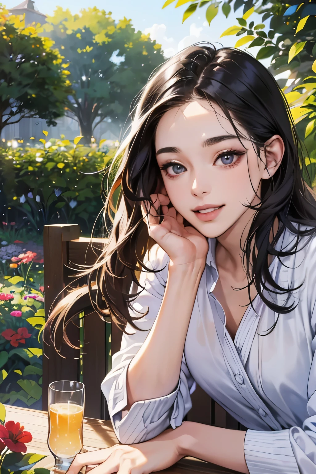 (table top, digital art, digital illustration, 4k, 8k, super detailed, beautiful images, clear image, realistic, RAW photo, perfect face, perfect lines, perfect eyes, soft lighting) ,1 female, (long black hair,straight hair,bullish look,beautiful woman,grace,Make up well,23 is a novel,:1.3),Two handsome men in suits, (human,muscular,solid shoulder width, mens,boyish hairstyle,british gentleman's style,A man in his 30s with a cool expression,28 year old man with a bright smile:1.2),Show your white teeth and smile(embarrassing,shy smile:1.1),garden full of light、squirt、resort sofa、colorful flowers、innocent smile,smile、couple kissing、kiss、the kiss、romance、dinner、drink alcohol、drunk