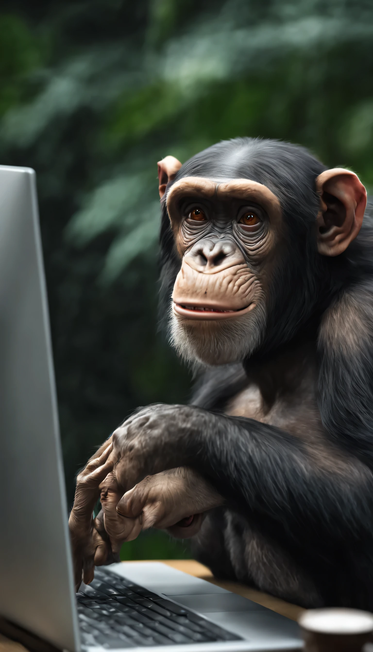 (Highly detailed CG Unity 8k wallpaper、masterpiece、highest quality、Super detailed)、(best lighting、best shadow、very delicate and beautiful)、highest quality、8k、Detailed facial depiction、masterpiece、highest quality、clear image quality、
A cartoonish chimpanzee is having a video conference on a computer。