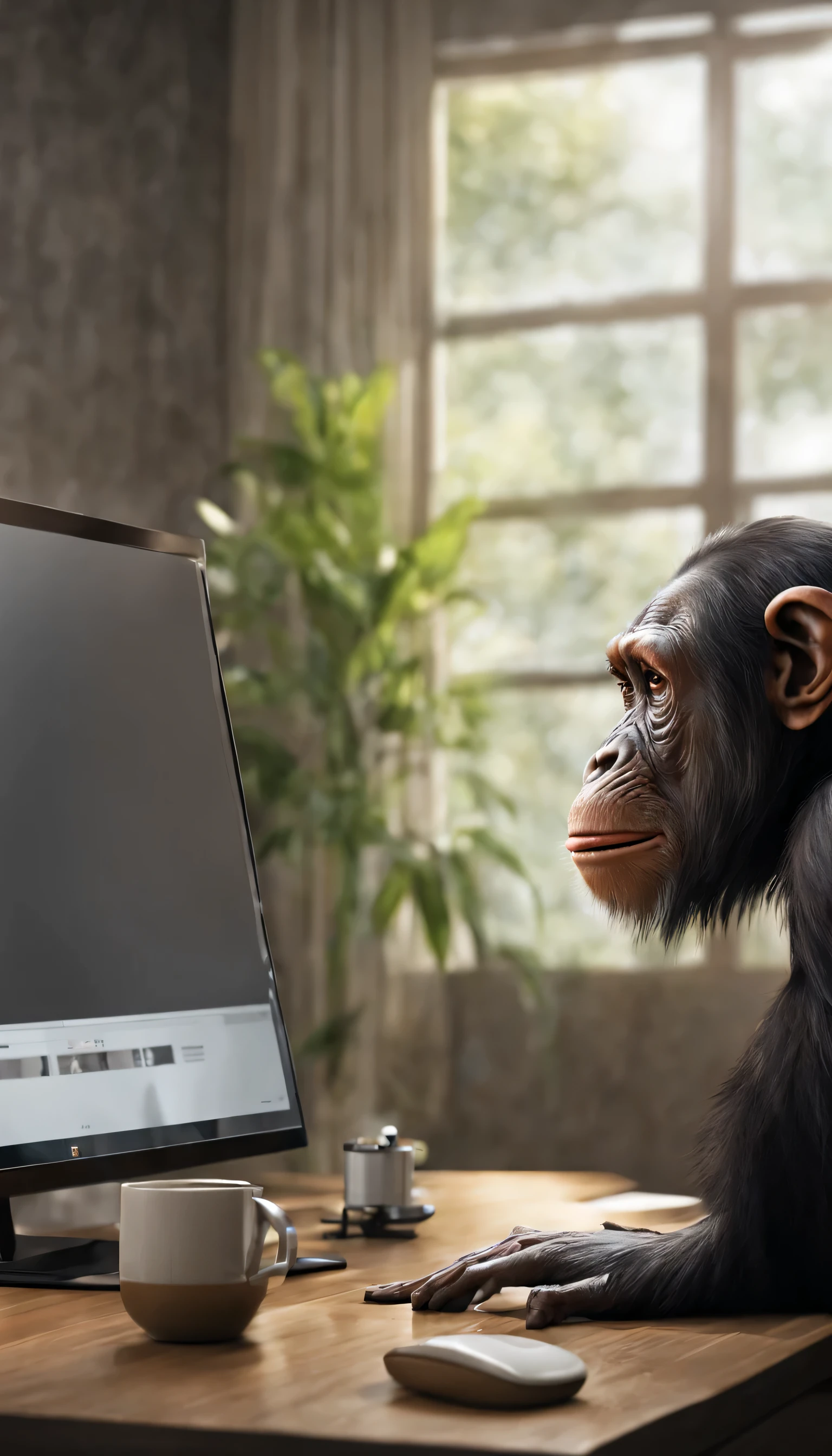 (Highly detailed CG Unity 8k wallpaper、masterpiece、highest quality、Super detailed)、(best lighting、best shadow、very delicate and beautiful)、highest quality、8k、Detailed facial depiction、masterpiece、highest quality、clear image quality、
A cartoonish chimpanzee is having a video conference on a computer。