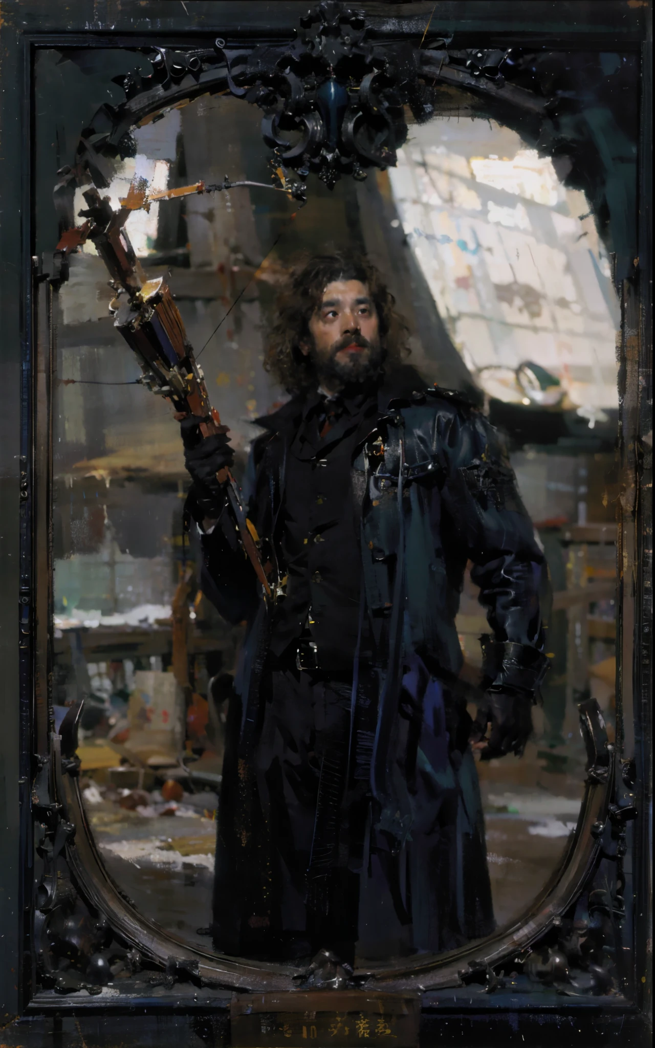best quality,masterpiece,(painting:1.5),picture frame中黑色皮衣的猎人,Hand holding crossbow,crossbow arrow,medieval hunter,hunter of middle earth,magical world,Van Helsing,Demon Blocker,Demon hunter,Vampire hunter,hunter in dark forest,picture frame(Amy Sole:0.248),(Stanley Ategg Liu:0.106),(a detailed painting:0.353),(文艺复兴古典painting风格:0.8)