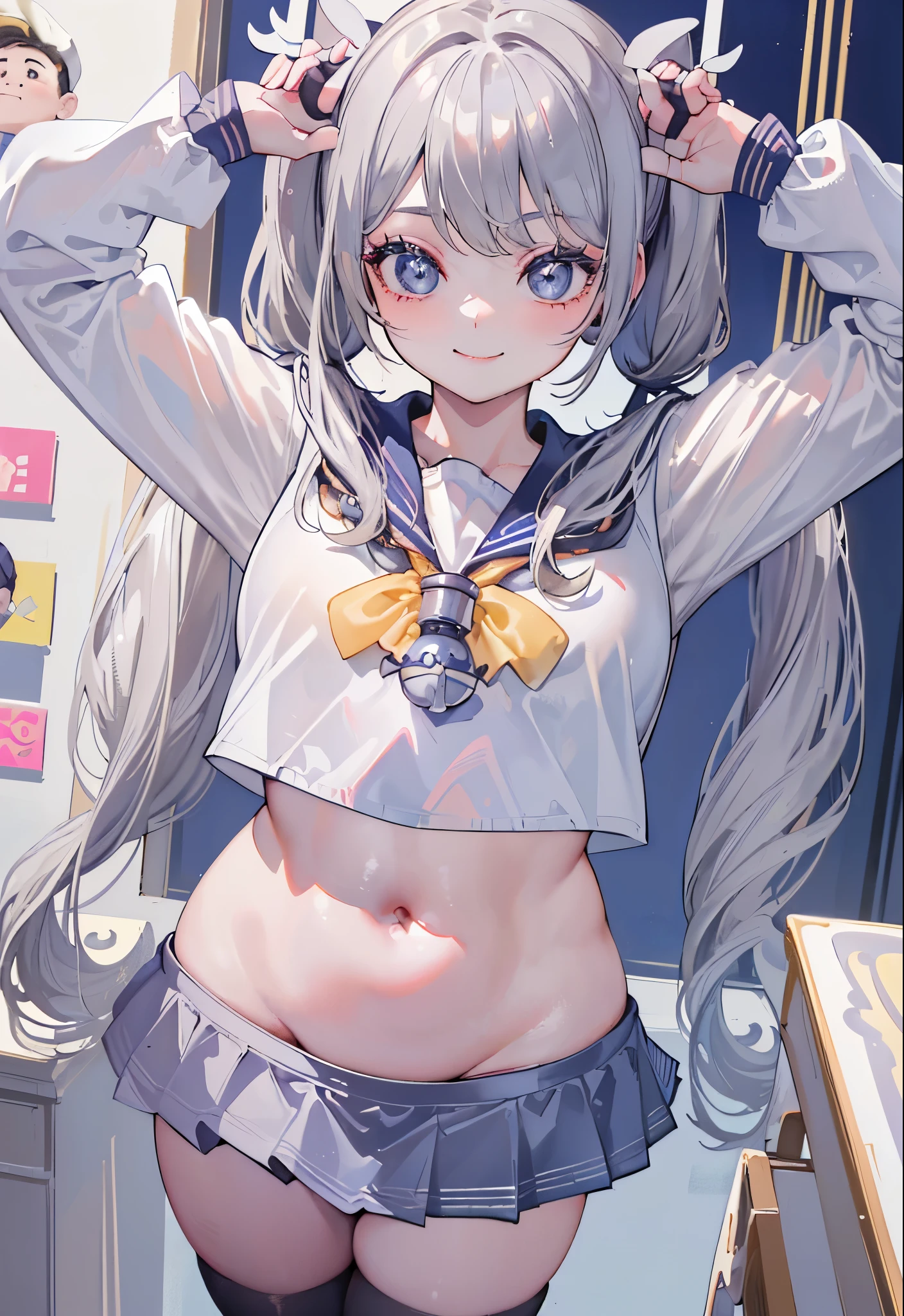 "(perfect masterpiece:1.2), (highest quality:1.2), stunning face,  mature and chubby, Big eyes, compensate, long and luxurious eyelashes, lip whole, irresistible charisma.",belly button,(((Boy dressed as a woman))),(((twin tails))),腹logic,raised his arms,((((sailor suit)))),(((logic)))，gray hair，(((mini skirt))),tooth,(((smile)))