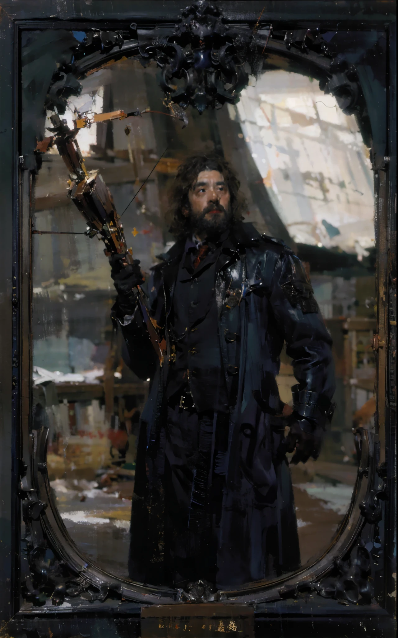 best quality,masterpiece,(painting:1.5),picture frame中黑色皮衣的猎人,Hand holding crossbow,crossbow arrow,medieval hunter,hunter of middle earth,magical world,Van Helsing,Demon Blocker,Demon hunter,Vampire hunter,hunter in dark forest,picture frame(Amy Sole:0.248),(Stanley Ategg Liu:0.106),(a detailed painting:0.353),(文艺复兴古典painting风格:0.8)