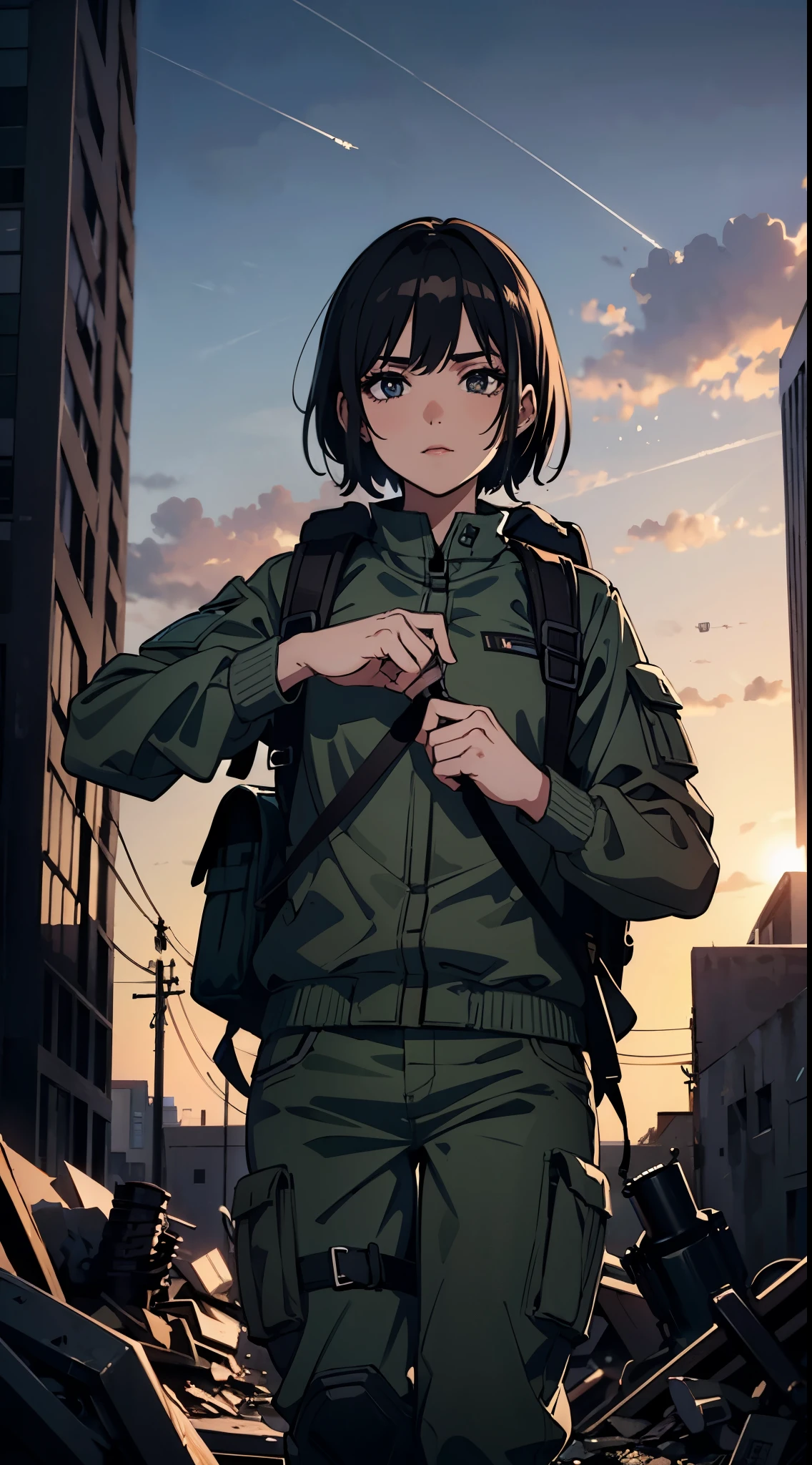 Masterpiece, portrait, 1girl, (military outfit, military suit, wearing backpack), apocalyptic. Damaged city background, holding flashlight in hands, correct hands, flashlight pose, dramatic lighting, detailed face, high resolution, 