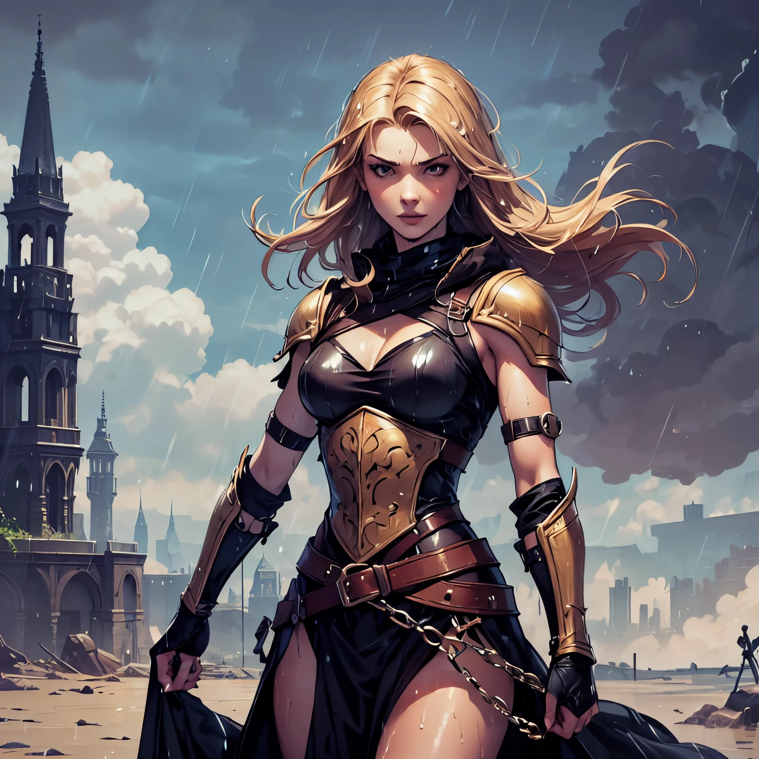 Masterpiece, highly detailed, epic shot BREAK Hot blonde woman, European Sweden, age 20, very beautiful BREAK elegant small breasts, desaturated armour of chainmail and leather stripes with fur BREAK warrior, fit, lithe, curious, looking around BREAK in a group of people, medieval fantasy setting, (Heavy rain:1.3), (extremely wet:1.3)