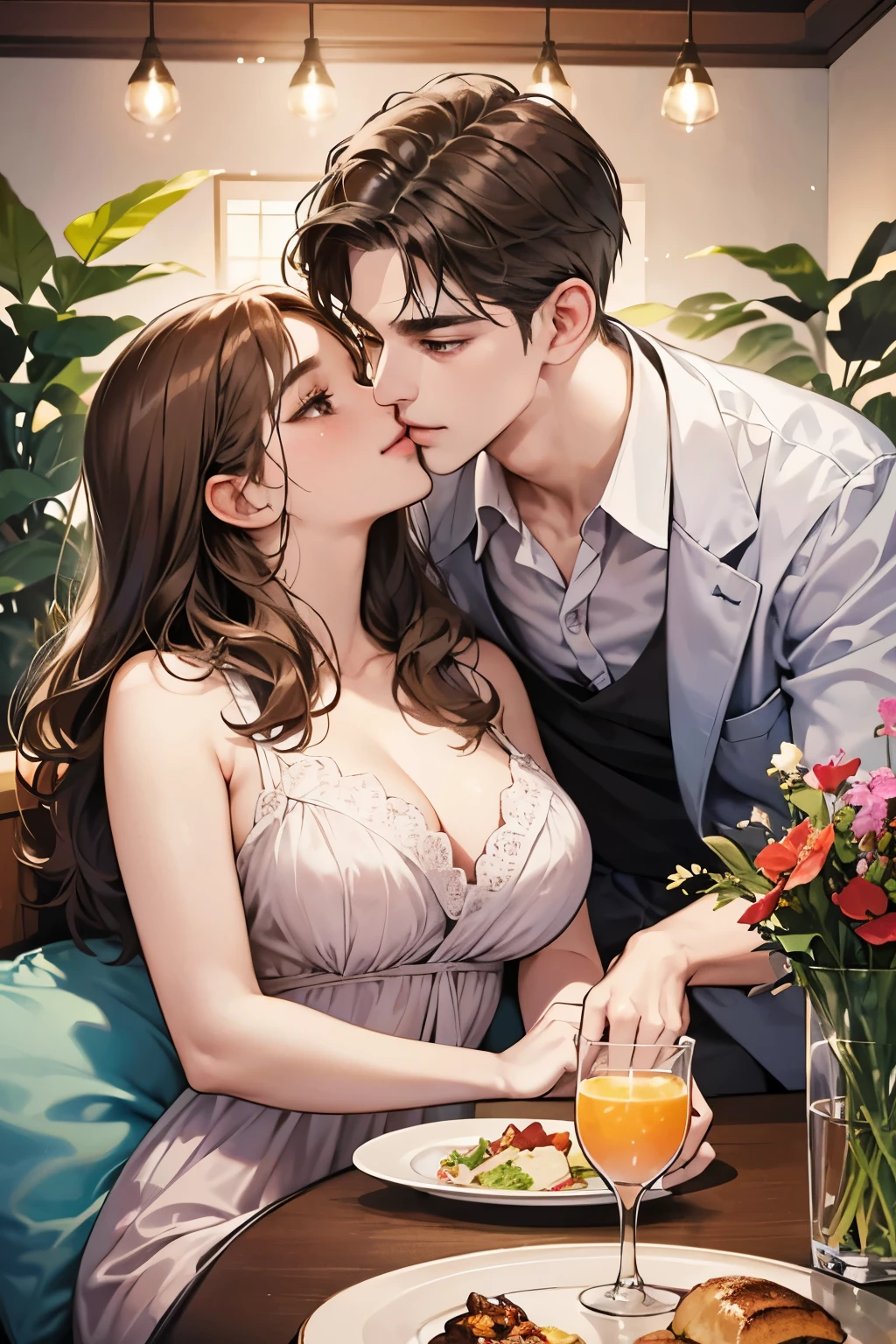 (table top, digital illustration, 4k, 8k, Super detailed, beautiful images, clear image, perfect face, perfect lines, perfect eyes, soft lighting) 1 female, (light brown hair,chignon hair,innocent look,droopy eyebrows,droopy eyes、With a round face,round chin、innocence,cute,Big eyes,natural makeup,smile gently,E cup,23 years old:1.3),Two handsome men in suits, (human,man in suit,muscular,solid shoulder width, boyish hairstyle,A man in his 30s with a cool expression,28 year old man with a bright smile:1.2),garden full of light、lots of flowers、Squirting、colorful flower light,(embarrassing,shy smile:1.2),resort sofa,kiss、カップルkiss、romance porn、couple of man and woman looking at each other、dinner、drink alcohol、drunk