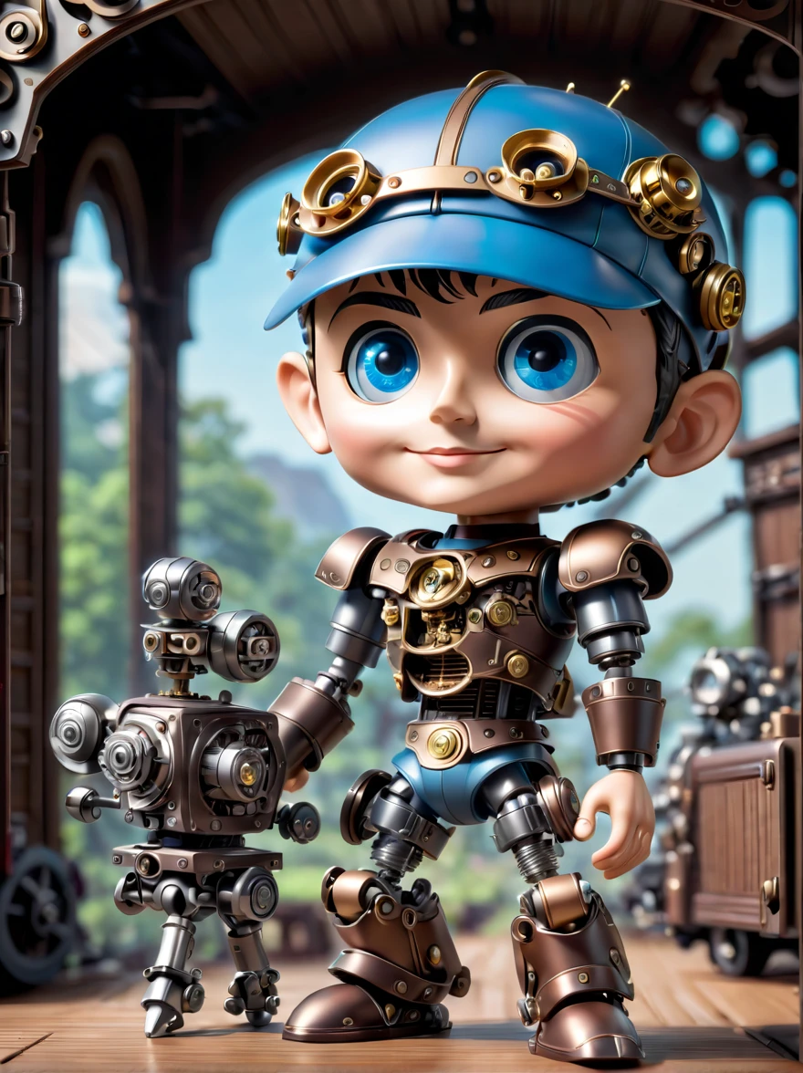 Pixar style，(Blind box toy style:1.2)，(full-body shot)，((solo)), three-dimensional，Mechanical feel，cute，boy，mechanical puppet, Pinocchio，Chibi，locomotive，3d style