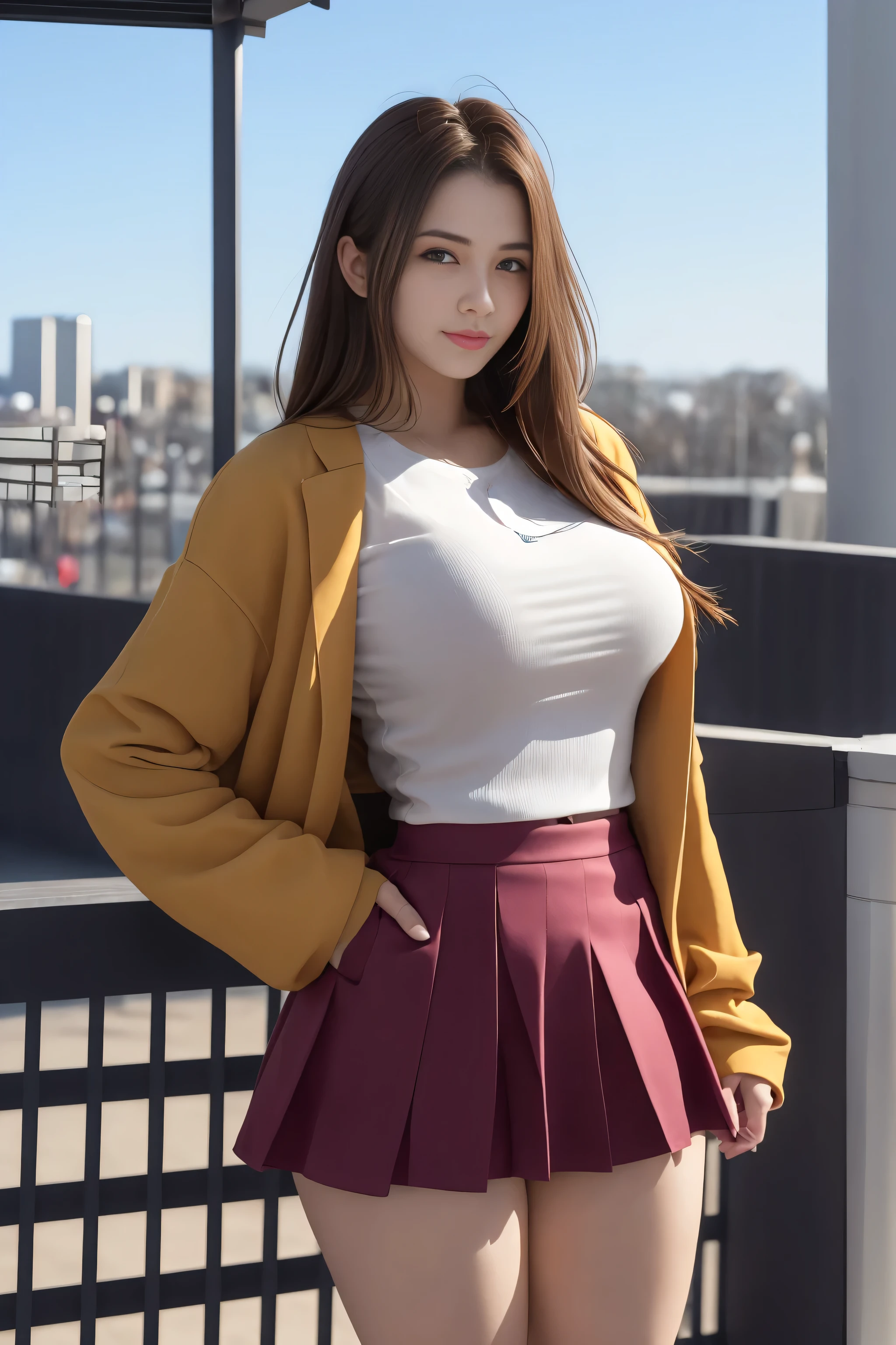 Claire Redfield from Resident Evil, posing seductively to viewer, solo:1, pov, beautiful thick thighs, side view
Sunny city background, long hair, 3/4 body, school attire with jacket and mini pleated skirt