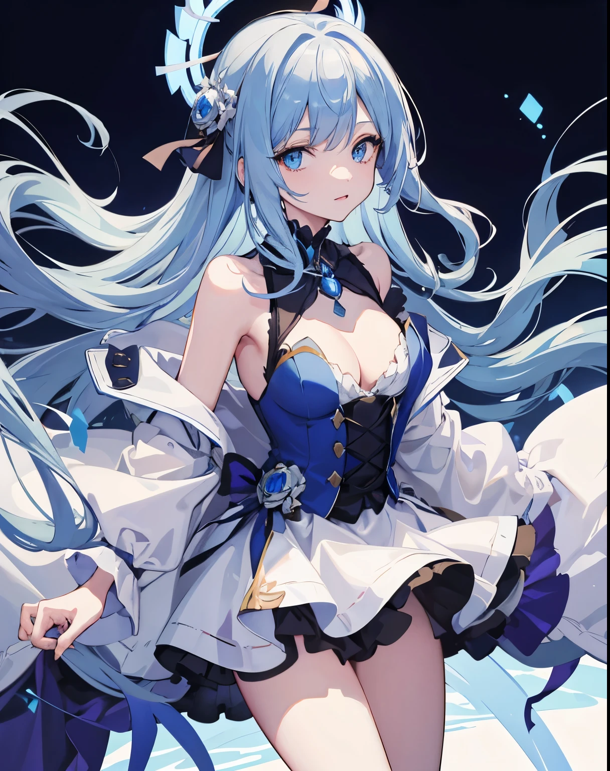 best quality, masterpiece:1.2, ultra-high resolution, anime:1.2, 1 girl, cute face:1.2, detailed blue eyes:1.2, dark blue hair gradually transitioning to light blue with hints of green strands:1.2, blue princess-like attire:1.2, 4K, vibrant colors, vivid anime shading, studio lighting