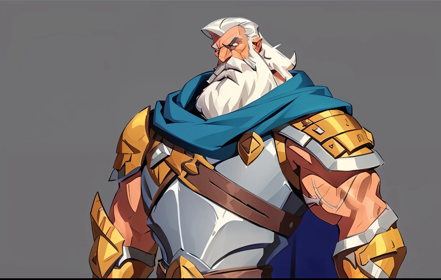 concept art, european cartoon, game character design, 1boy, solo, beard, mature male, male focus, facial hair, armor, muscular male, full body, white hair, short hair, muscular, old, old man, cape, shoulder armor, cuirass, fully armed, standing, wrinkled skin, scar on face,