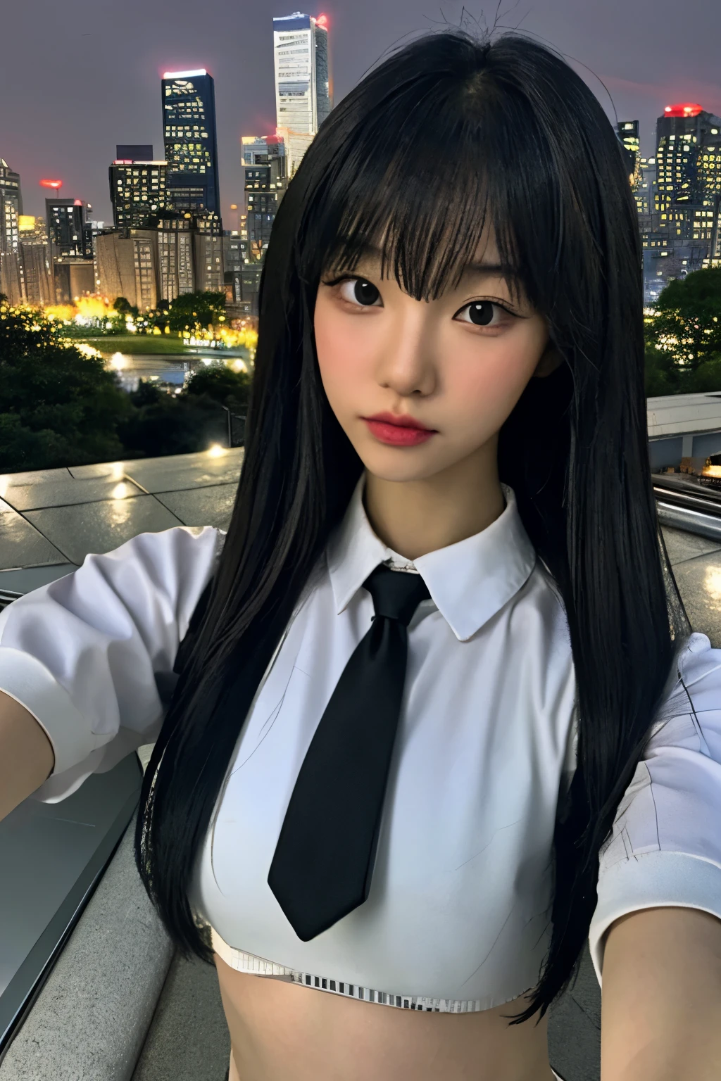 Fujifilm XT3, 8k,close up photo, masterpiece, best quality, (((1girl))), solo,realistic, ((looking at viewer)), photorealistic, (extremely detailed face), looking at viewer, ((ultra-detailed eyes and pupils)), ultra detailed, serious expression, cropped top,shirts, ((standing against a city skyline at night)), (rooftop), crop top, ((navel)), arms behind back, bangs, naked