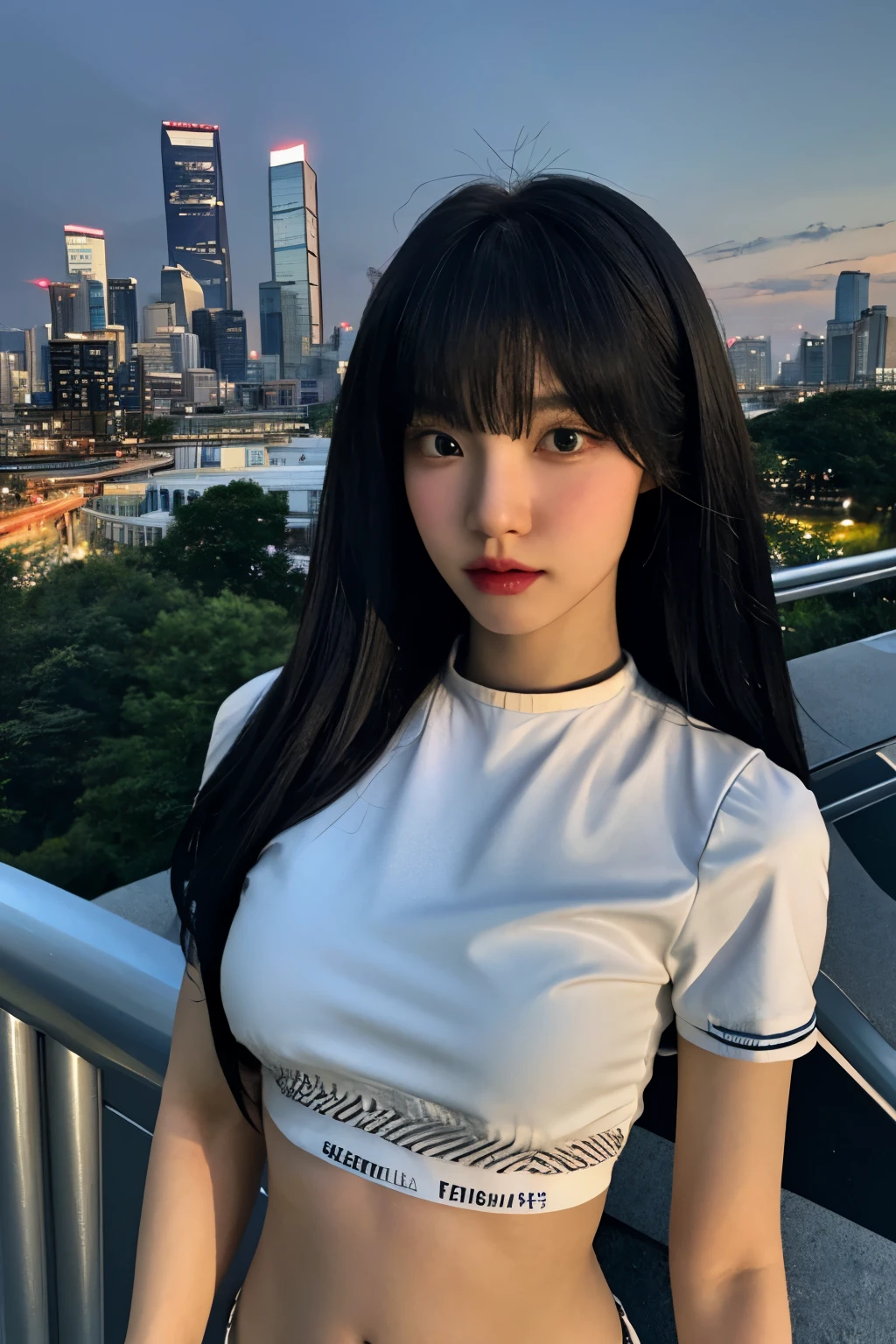 Fujifilm XT3, 8k,close up photo, masterpiece, best quality, (((1girl))), solo,realistic, ((looking at viewer)), photorealistic, (extremely detailed face), looking at viewer, ((ultra-detailed eyes and pupils)), ultra detailed, serious expression, cropped top,shirts, ((standing against a city skyline at night)), (rooftop), crop top, ((navel)), arms behind back, bangs, naked