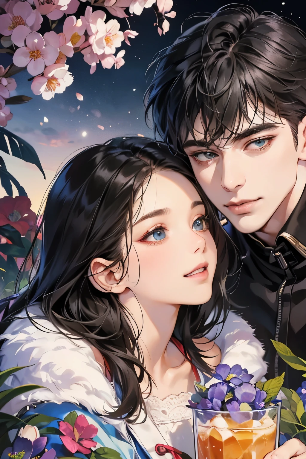 (table top, digital art, digital illustration, 4k, 8k, super detailed, beautiful images, clear image, realistic, RAW photo, perfect face, perfect lines, perfect eyes, soft lighting) ,1 female, (long black hair,straight hair,bullish look,beautiful woman,grace,Make up well,23 is a novel,:1.3),Two handsome men in suits, (human,muscular,solid shoulder width, mens,boyish hairstyle,british gentleman's style,A man in his 30s with a cool expression,28 year old man with a bright smile:1.2),Show your white teeth and smile(embarrassing,shy smile:1.1),garden full of light、squirt、resort sofa、colorful flowers、innocent smile,smile、couple kissing、kiss、the kiss、romance、dinner、drink alcohol、drunk