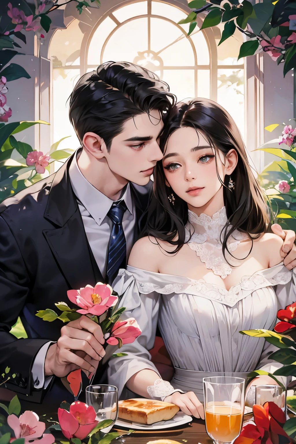 (table top, digital art, digital illustration, 4k, 8k, super detailed, beautiful images, clear image, realistic, RAW photo, perfect face, perfect lines, perfect eyes, soft lighting) ,1 female, (long black hair,straight hair,bullish look,beautiful woman,grace,Make up well,23 is a novel,:1.3),Two handsome men in suits, (human,muscular,solid shoulder width, mens,boyish hairstyle,british gentleman's style,A man in his 30s with a cool expression,28 year old man with a bright smile:1.2),Show your white teeth and smile(embarrassing,shy smile:1.1),garden full of light、squirt、resort sofa、colorful flowers、innocent smile,smile、couple kissing、kiss、the kiss、romance、dinner、drink alcohol、drunk