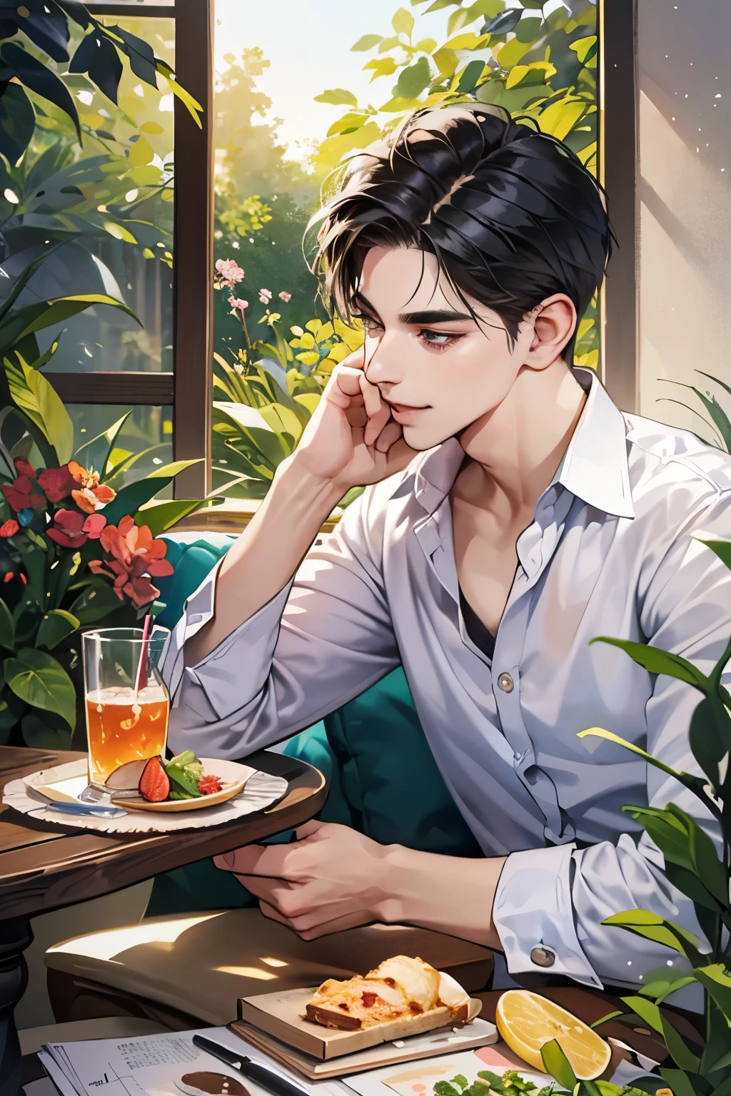 (table top, digital art, digital illustration, 4k, 8k, super detailed, beautiful images, clear image, realistic, RAW photo, perfect face, perfect lines, perfect eyes, soft lighting) ,1 female, (long black hair,straight hair,bullish look,beautiful woman,grace,Make up well,23 is a novel,:1.3),Two handsome men in suits, (human,muscular,solid shoulder width, mens,boyish hairstyle,british gentleman&#39;s style,A man in his 30s with a cool expression,28 year old man with a bright smile:1.2),Show your white teeth and smile(embarrassing,shy smile:1.1),garden full of light、squirt、resort sofa、colorful flowers、innocent smile,smile、couple kissing、kiss、the kiss、romance、dinner、drink alcohol、drunk