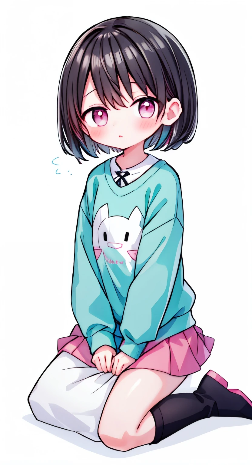 Girl with short dark hair，shy，blush，earphone，Turquoise sweatshirt，pink skirt，White knee socks，black boots，