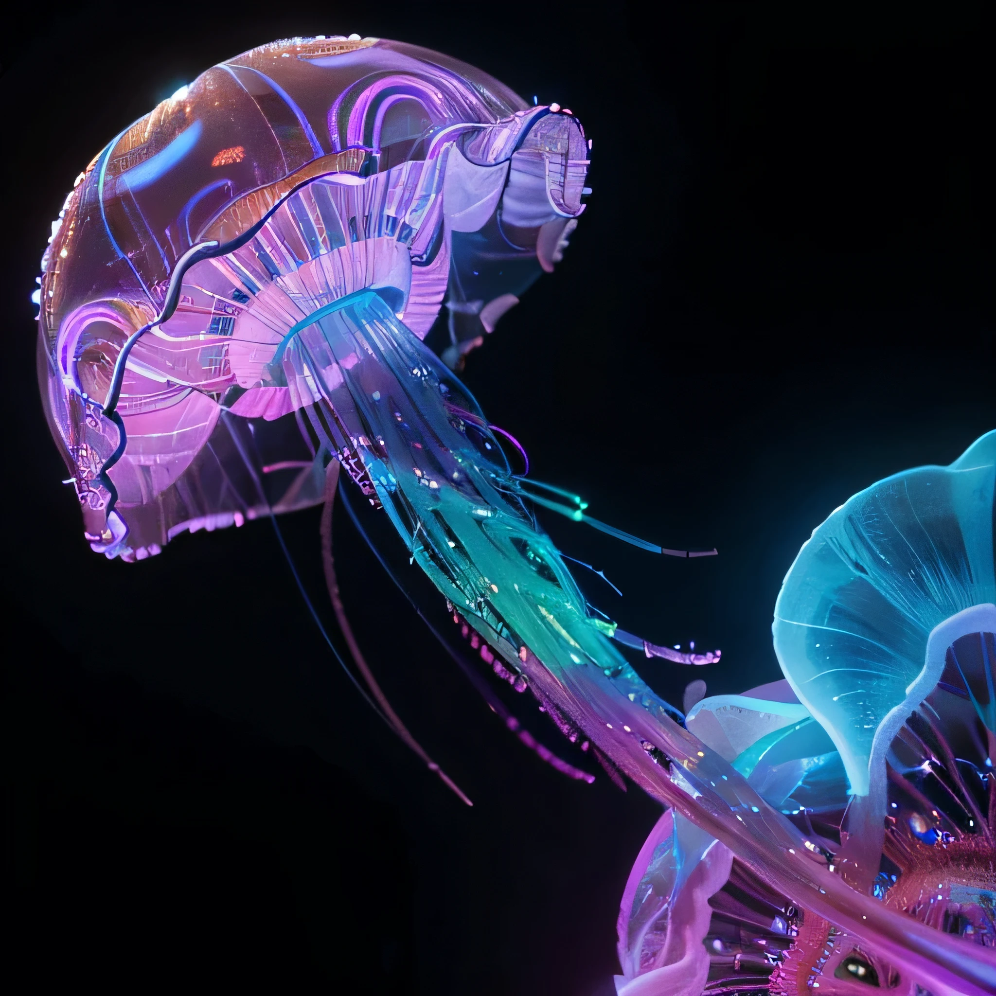 a jellyfish ultimate super high resolution, wqhd, high definition, hyperrealistic, hyper detailed, unique masterpiece, dynamic visualisation realism 
 transparent fluorescent luminous neon glow in the dark psychedelic style purple turquoise hues 