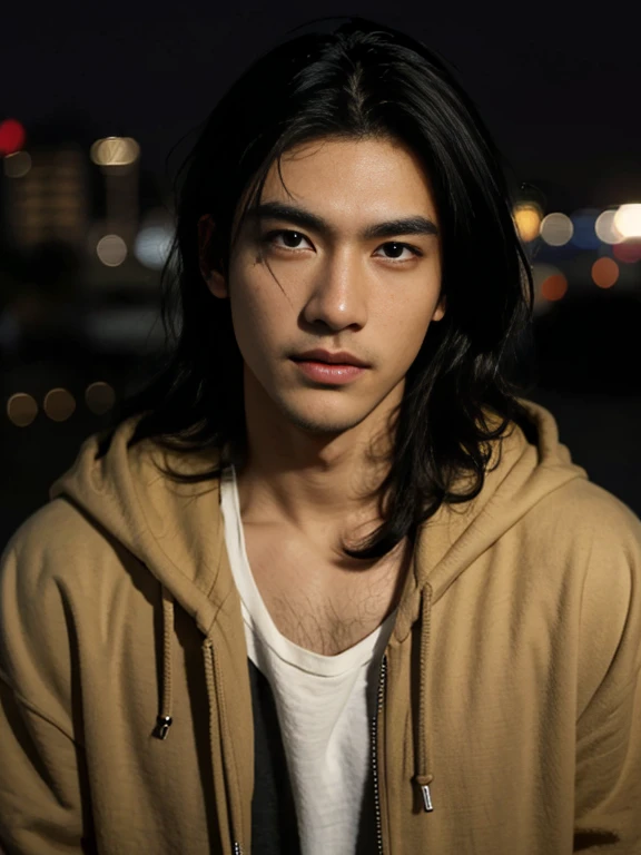 Best quality, masterpiece, ultra high res, (photorealistic:1.5), raw photo, in the dark, deep shadow, low key, cold light, man face, 1 man, 1man, man, Jaws firm, no mustache and beard, thin eyebrows, thin lips, Eye shape like a snake's eye, realistic, Male shoulders, Muscular, mullet hairstyle, broad shoulders, black hair, tan skin, angry face, cool face, bad boy vibe, wearing  hoodie jeans jacket, carrying a black, smirk face, masculine, look cool, cool face, mainly face, half body portrait, Night city background, sharp eye, tan skin, Look like a Filipino boy, brown eye, looks 19 years old, 19 years old, real, Handsome.