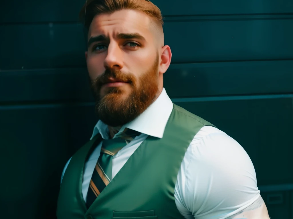 ( Irish man) 40 years old, (high resolution, realista:1.2), cara detallada, ojos expresivos, apariencia robusta, muscular,,hombre arafa , barbado man, ginger barbado man fotografia, con tatuaje facial, barbado, barbado beautiful man, hombre con barba, foto muy detallada de feliz, con tatuajes de runas en la cara, brown beard masterpiece, brutal