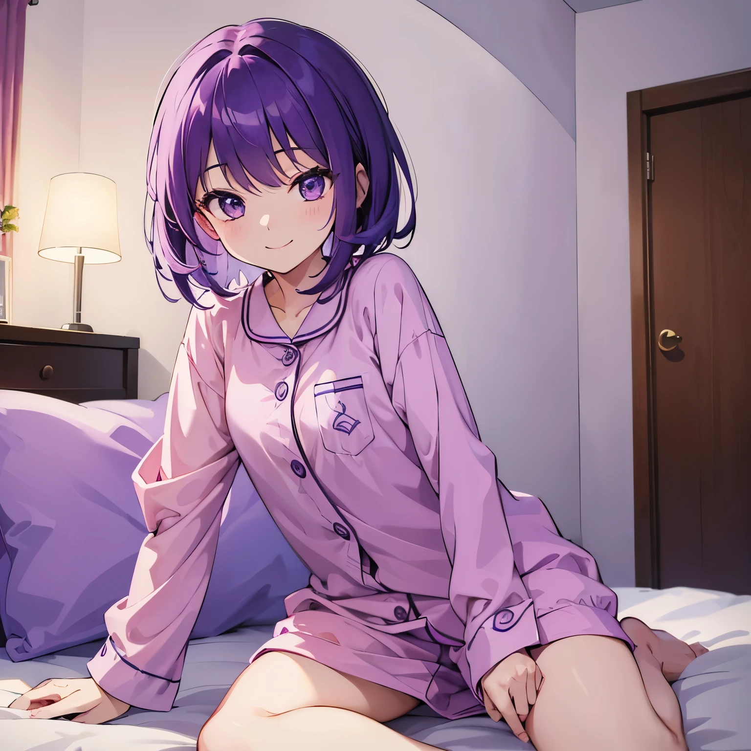 (T Masterpiece，4k wallpaper，best quality))、((girl１people))、(solo)、Shining and vivid，(purple hair)、(shortcut:1.3)、smile、Bedroom、pajamas、night