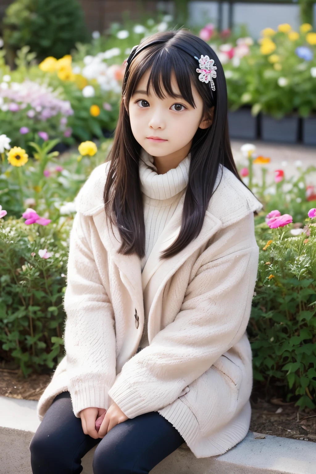 8k,Japanese,,innocent face,teenage girl,cute,Winter clothes,everyday wear,sitting,black hair,flower garden,hair clip,