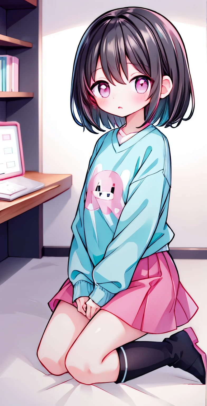 Girl with short dark hair,shy,blush,earphone,Turquoise sweatshirt,pink skirt,White knee socks,black boots,