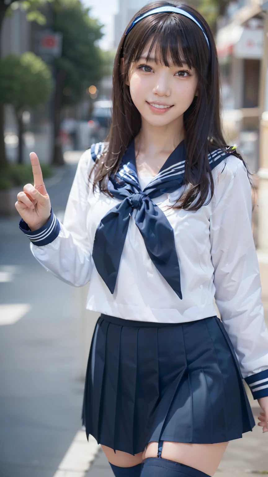 looking at viewer, sailor suit, one woman, (Beautiful woman, delicate :1.3), ((black hair)), ponytail tied with a ribbon, Bangs Patsun, (8k), (highest quality: 1.2), (realistic), (realistic: 1.37), (masterpiece), (ultra high resolution), (RAW photo), (absolute resolution), (((face small compared to body: 1.4))), (((small face:1.4))), balanced face, (small mouth: 1.4), ((slender female body: 1.4)), long neck, black hair, (((navy blue セーラー服))), (((long sleeve セーラー服))), (((navy blue skirt))), ((3-line sailor suit,)) realistic女子高生, (((white headband))), (((small breasts))), light blue eyes, (street tree), blurry, full body, standing, (((black stockings))), (black garter belt), black loafers, peace sign with both hands, toothy grin,