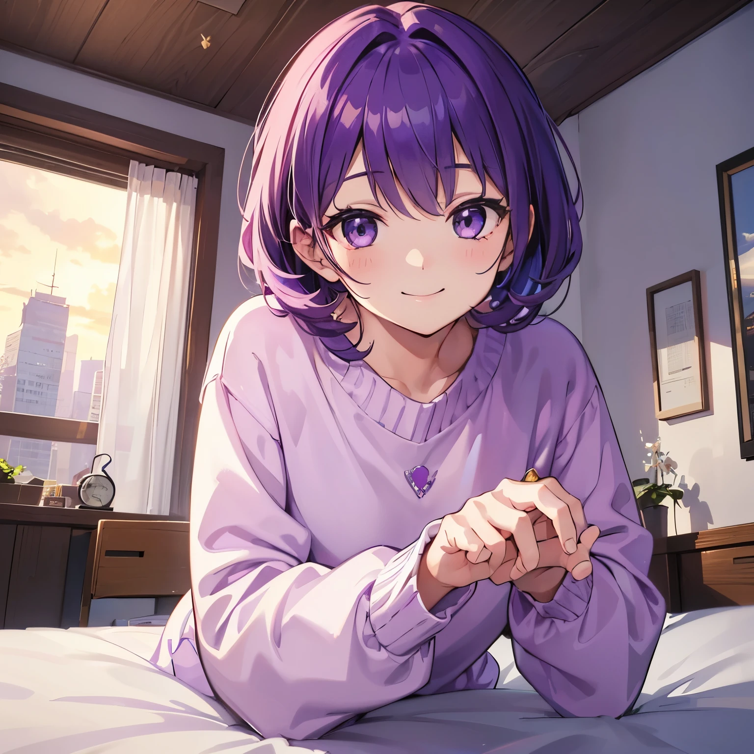 (T Masterpiece，4k wallpaper，best quality))、((girl１people))、(solo)、Shining and vivid，(purple hair)、(shortcut:1.3)、smile、Bedroom、sweater、morning