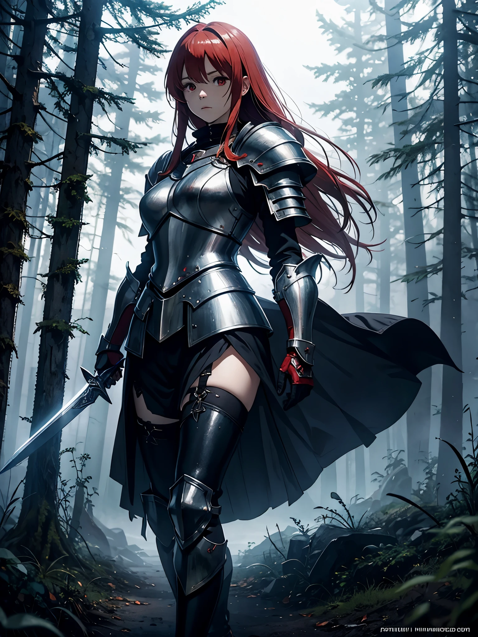[[Clannad style]], [[a women with silver hair and red bangs]], [[red eyes]], [[gloomy, dark forest background]], [[poor natural lighting]], [[great quality]],[[masterpiece]], [[best artist]], [[best performance]], [[16k quality]], [[HDR+]], fantasy world, fantasy knight armor, knight pose with sword
