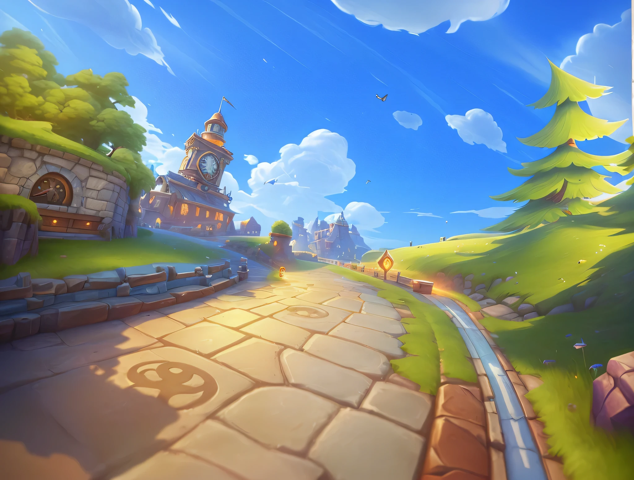 Cartoon picture of road with bell tower in the background, mobile game background, background art, mobile game art, stylized game art, Depicted as game concept art, stylized concept art, Detailed game art, game illustration, Detailed game art illustration, Odin'slate arena background, background artwork, Fantasy Hearthstone art style, disney splash art,4k,8k,ultra high definition