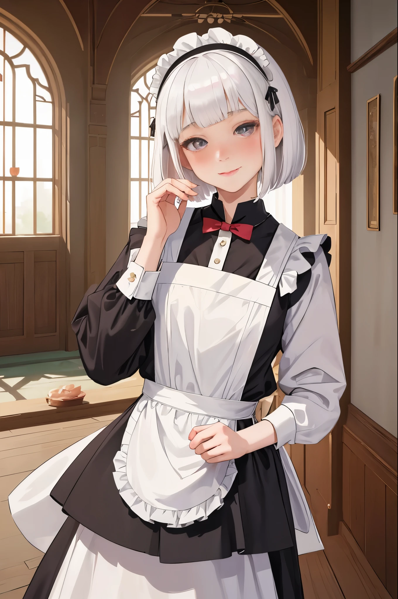 (masterpiece, best quality, Ridiculous), 1 girl, white hair, short straight hair, blunt bangs, flat chest, Willow Yao, gray eyes, petal, pale skin, building, indoors, maid, maid headdress, maid apron, Cowboy shooting, blush, faint smile, head tilt, bow