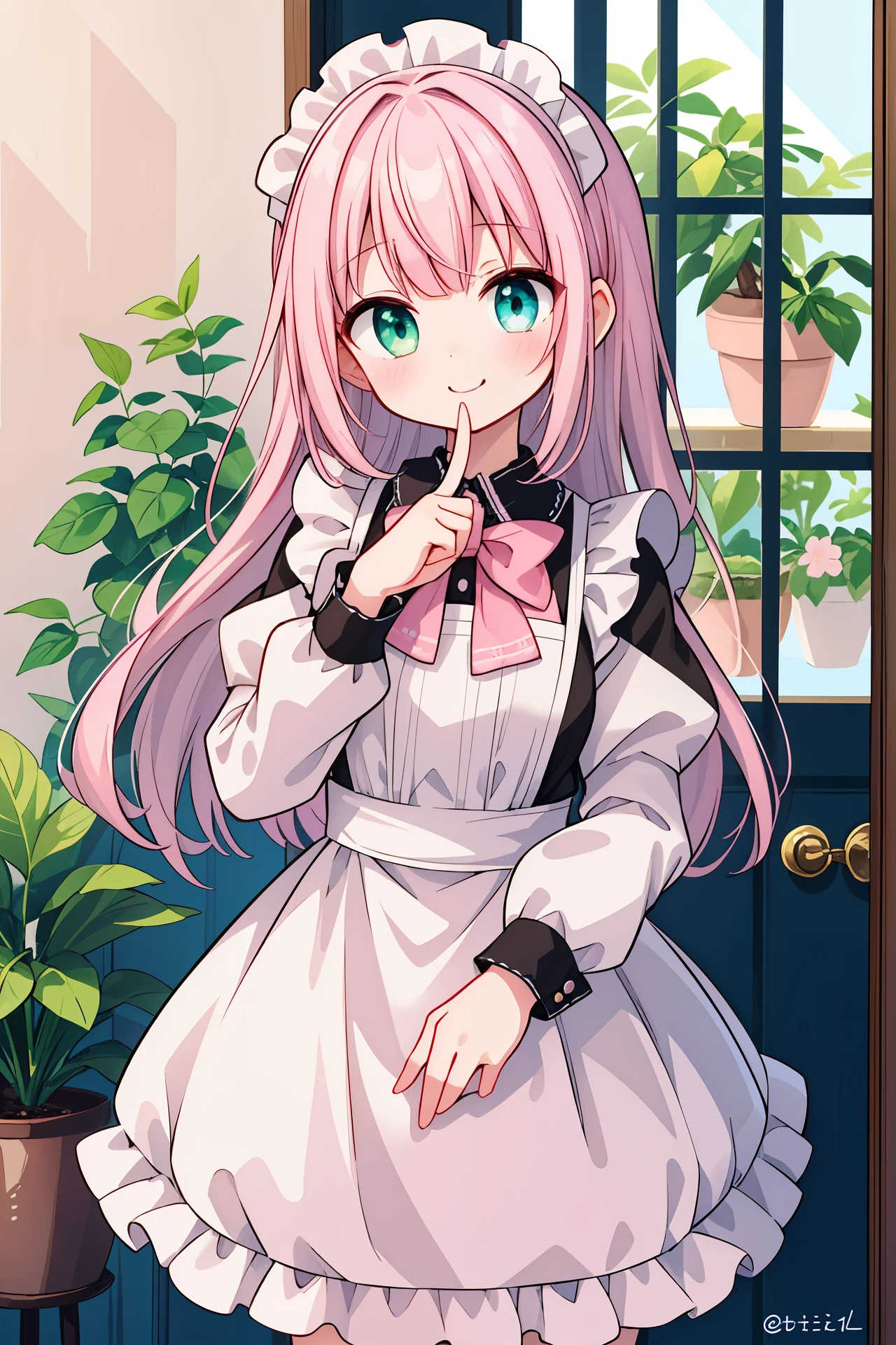 Extremely detailed, Ridiculous, ultra high definition, Super detailed, best quality,
1 girl, alone, beautiful hands, perfect hands,
break apron, blush, bow, bowtie, frilly apron, decorate, long sleeves, maid, maid apron, maid headdress, waist apron, White apronBREAK smile, Close your mouthBREAK Finger to mouth, Index finger raised, catcalls, Cowboy shooting, looking at the audience,
Break the slenderness, kawaii, Perfectly symmetrical face shape, Super cute girl, Super cute face, Super detailed的眼睛, ultra detailed hair, Super cute, Super beautiful,
off day, flower, ivy, leaf, indoors, open the door, plant, potted plant, vine, window,
break white (pink:1.2) hair, green eyes, long hair, medium breasts, Bangs, eyebrows visible through hair,