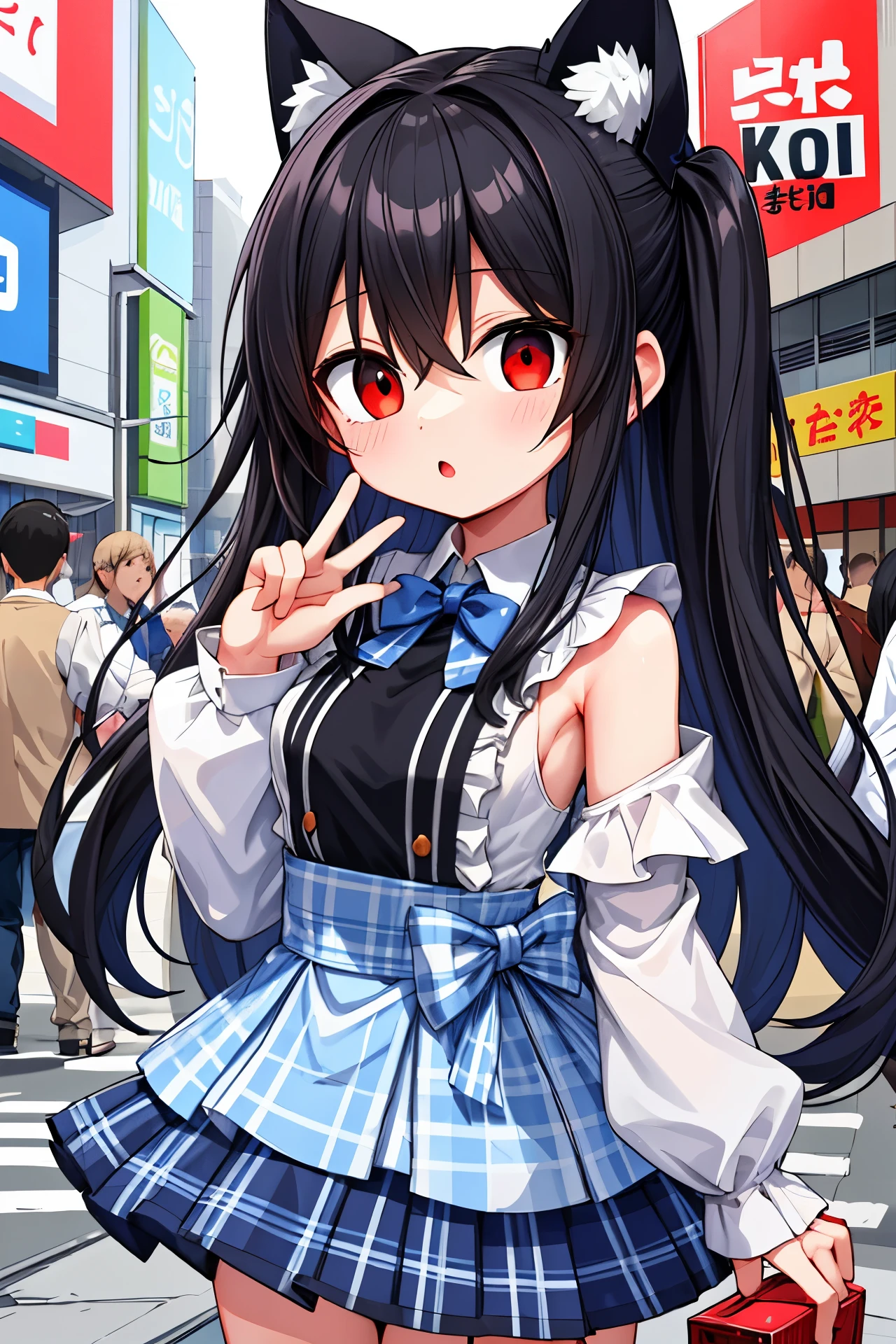 Extremely detailed, Ridiculous, ultra high definition, Super detailed, best quality,
1 girl, alone, beautiful hands, perfect hands,
BREAK Zilaiqing,Plaid skirt, shirt, long sleeves, bow, blue skirt, white shoulder frilly shirt, Outdoor activities, blue bow, 长发BREAK幸福的微lol, lol, Keep your mouth shut, Permanently installed,
,
cute pose, Cowboy shooting,
Break the slenderness, kawaii, Perfectly symmetrical face shape, Super cute girl, Super cute face, Super detailed的眼睛, super fine hair, Super cute, Super beautiful,
Rest in Harajuku, Shibuya, Tokyo, street, crowd, city View,
BREAKmedium breasts,
(black hair, red eyes), hair between eyes