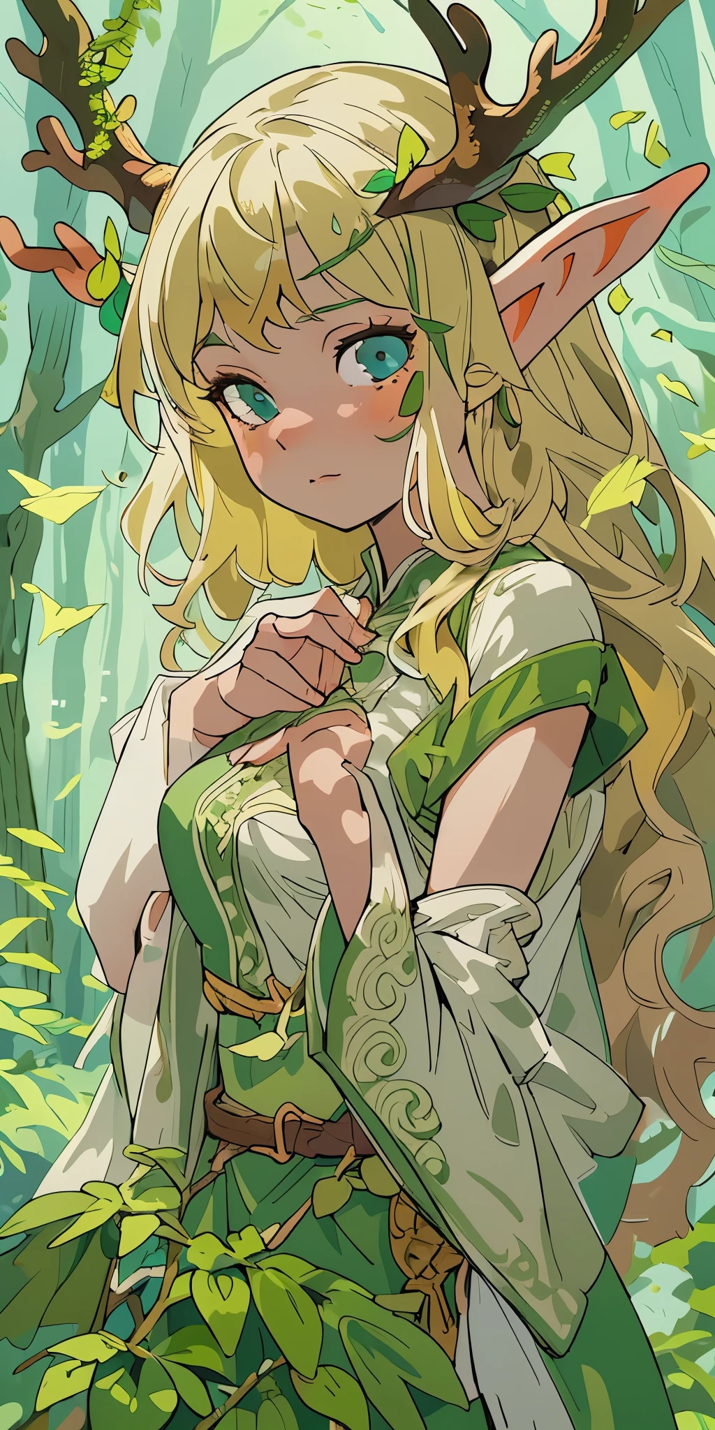 (masterpiece, best quality), 1 girl, intricate details, blonde, leaf, curls, looking at the audience, Elf, Upper body, forest, decorate, mist, antlers,