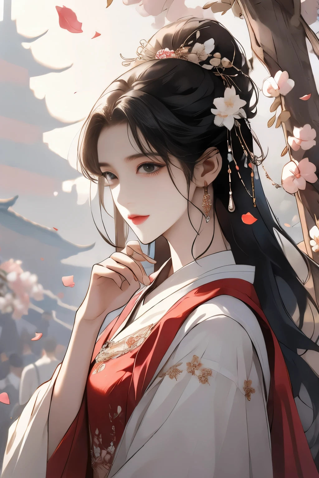 cherry_flowering, come down_petal, alone,1 girl,Upper body, looking at the audience,