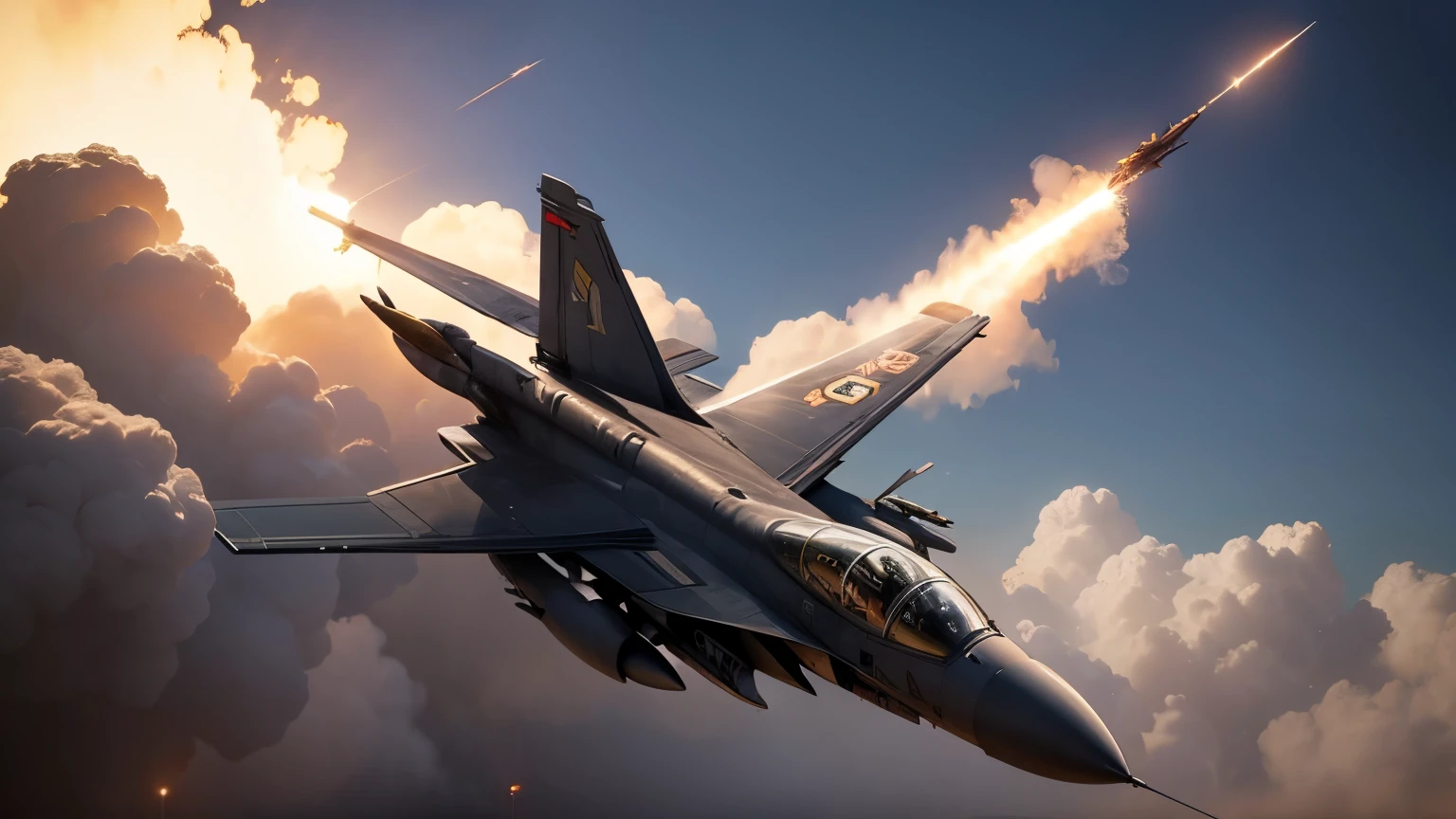 fighter jet flying over enemy camp firing