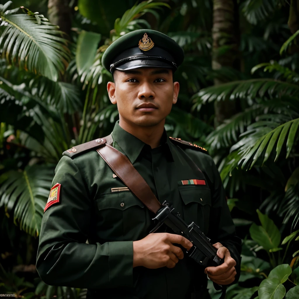 a handsome Indonesian national soldier aged 30 years, wearing a camouflage uniform, wide chin, slightly stocky, wearing a red special forces beret,wearing black army shoes with a black major rank mark on the collar of his uniform, a name tag on the left chest that says "TEDDY", name tag on right chest says "TNI-AD", holding Gun, posing facing the camera, rainforest background,cinematic,very detailed, 16k ultra HD, hyperrealistic, photography